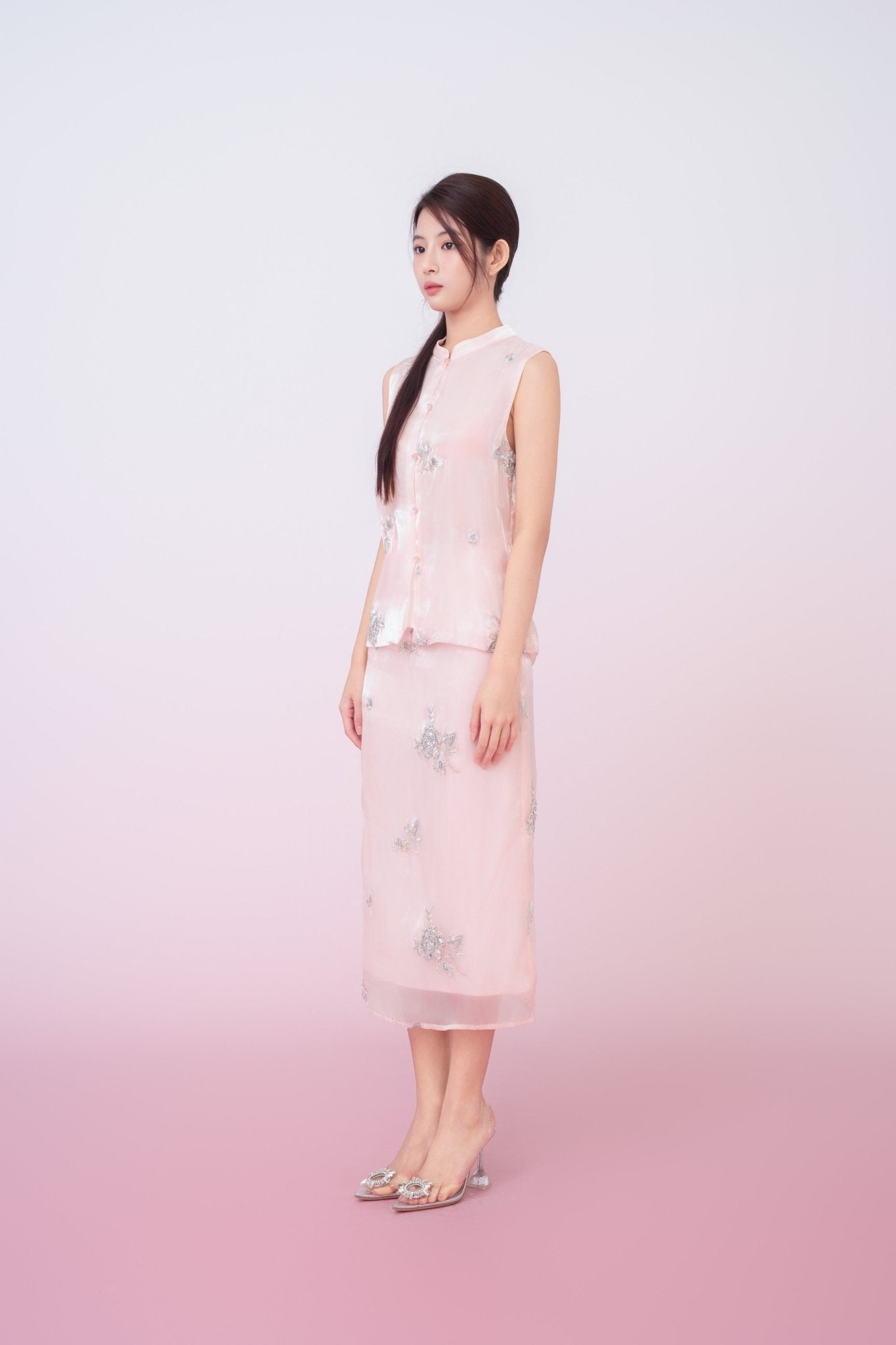 Kailyn Light Pink With Silver Beads Mandarin Collar Top - Nimisski