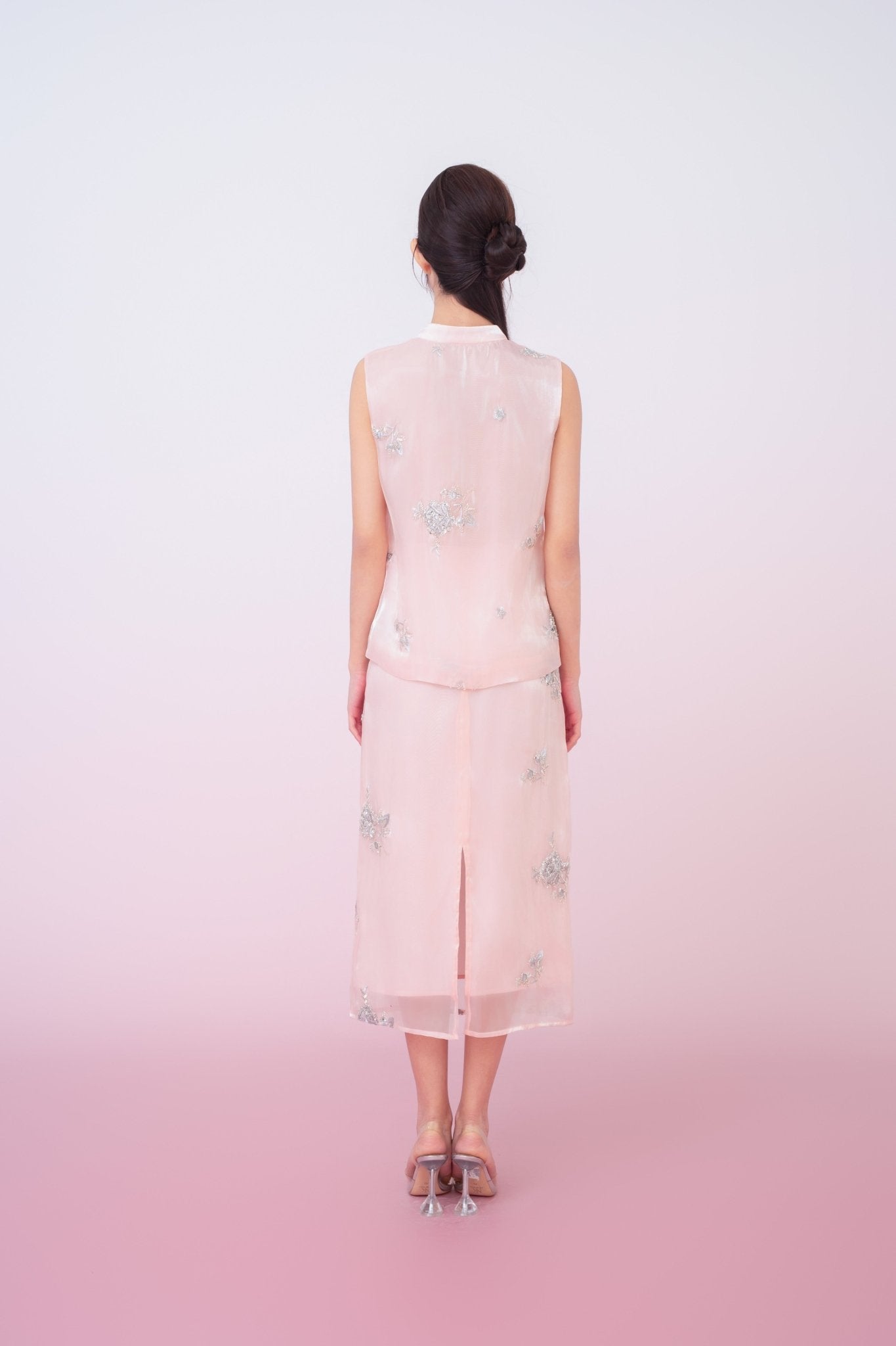 Kailyn Light Pink With Silver Beads Midi Skirt - Nimisski