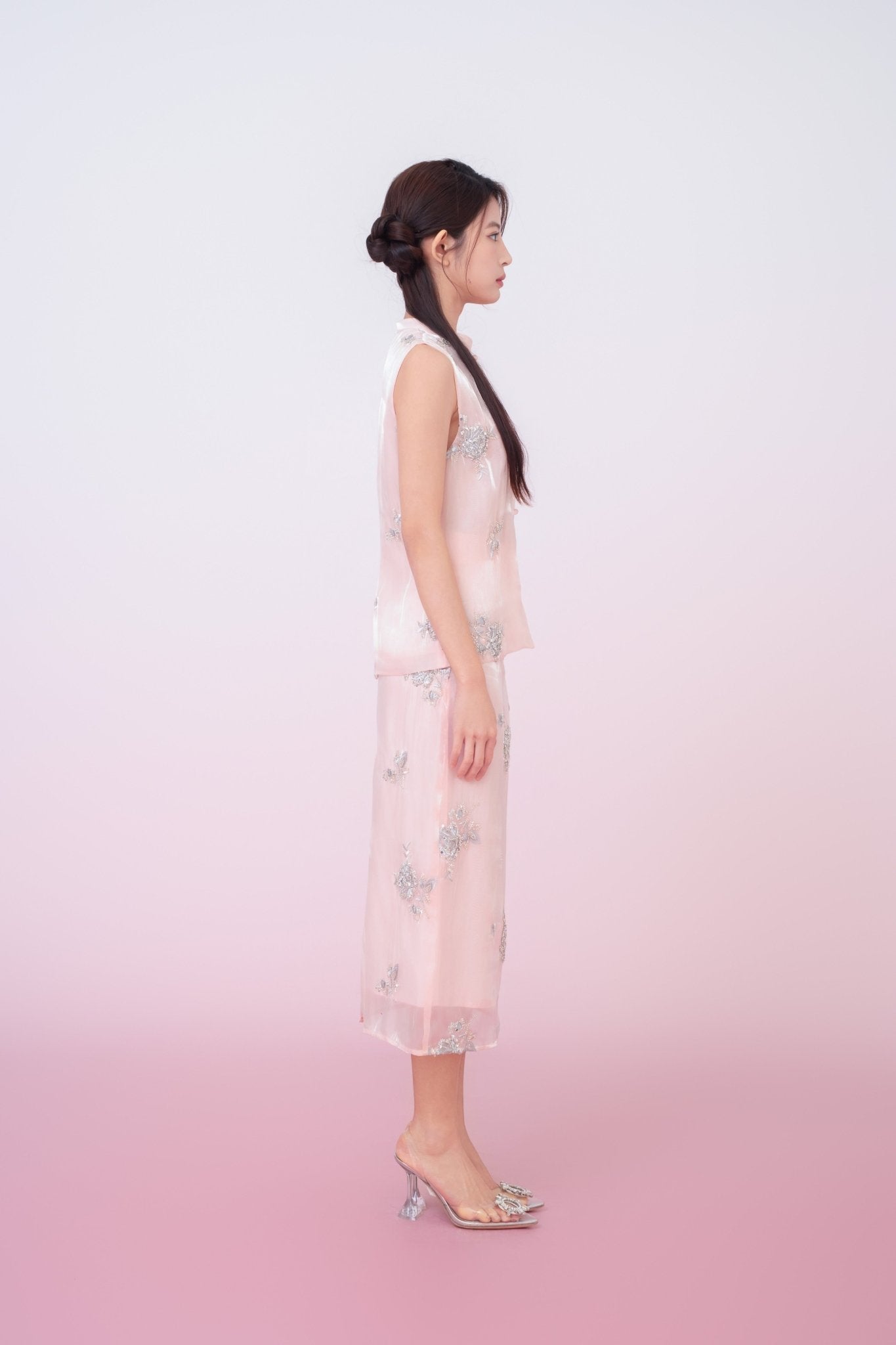 Kailyn Light Pink With Silver Beads Midi Skirt - Nimisski