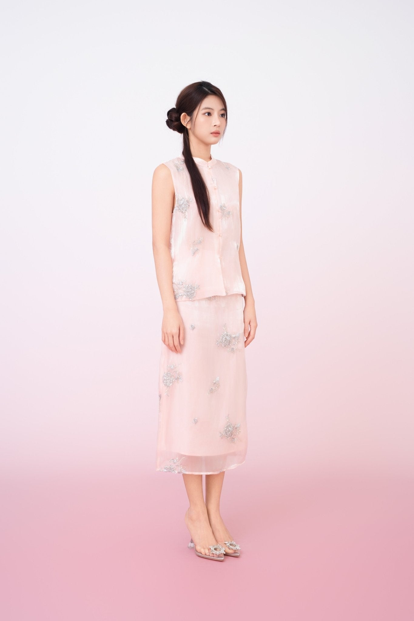 Kailyn Light Pink With Silver Beads Midi Skirt - Nimisski