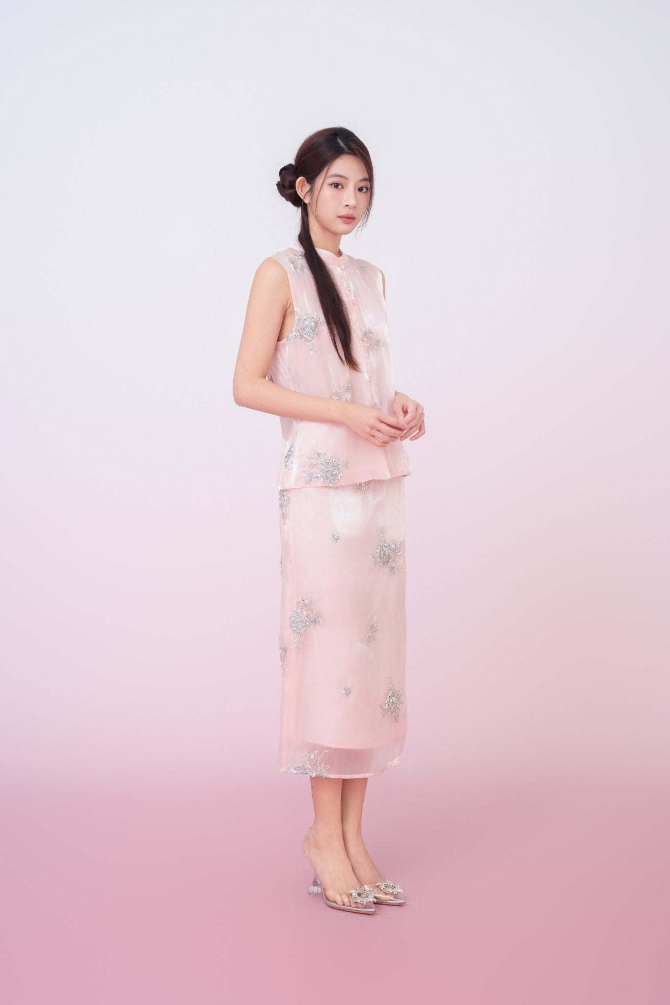 Kailyn Light Pink With Silver Beads Midi Skirt - Nimisski