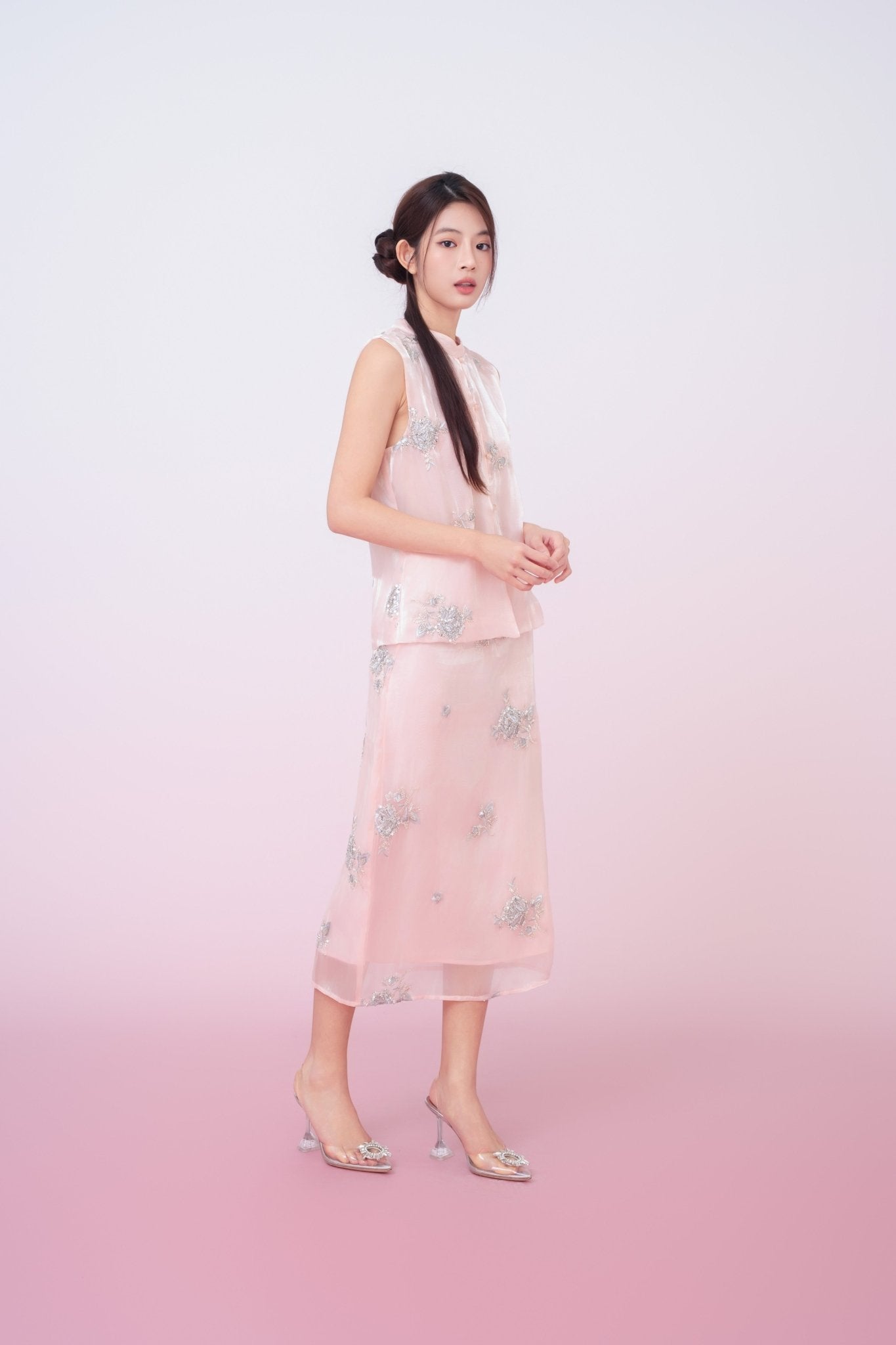 Kailyn Light Pink With Silver Beads Midi Skirt - Nimisski