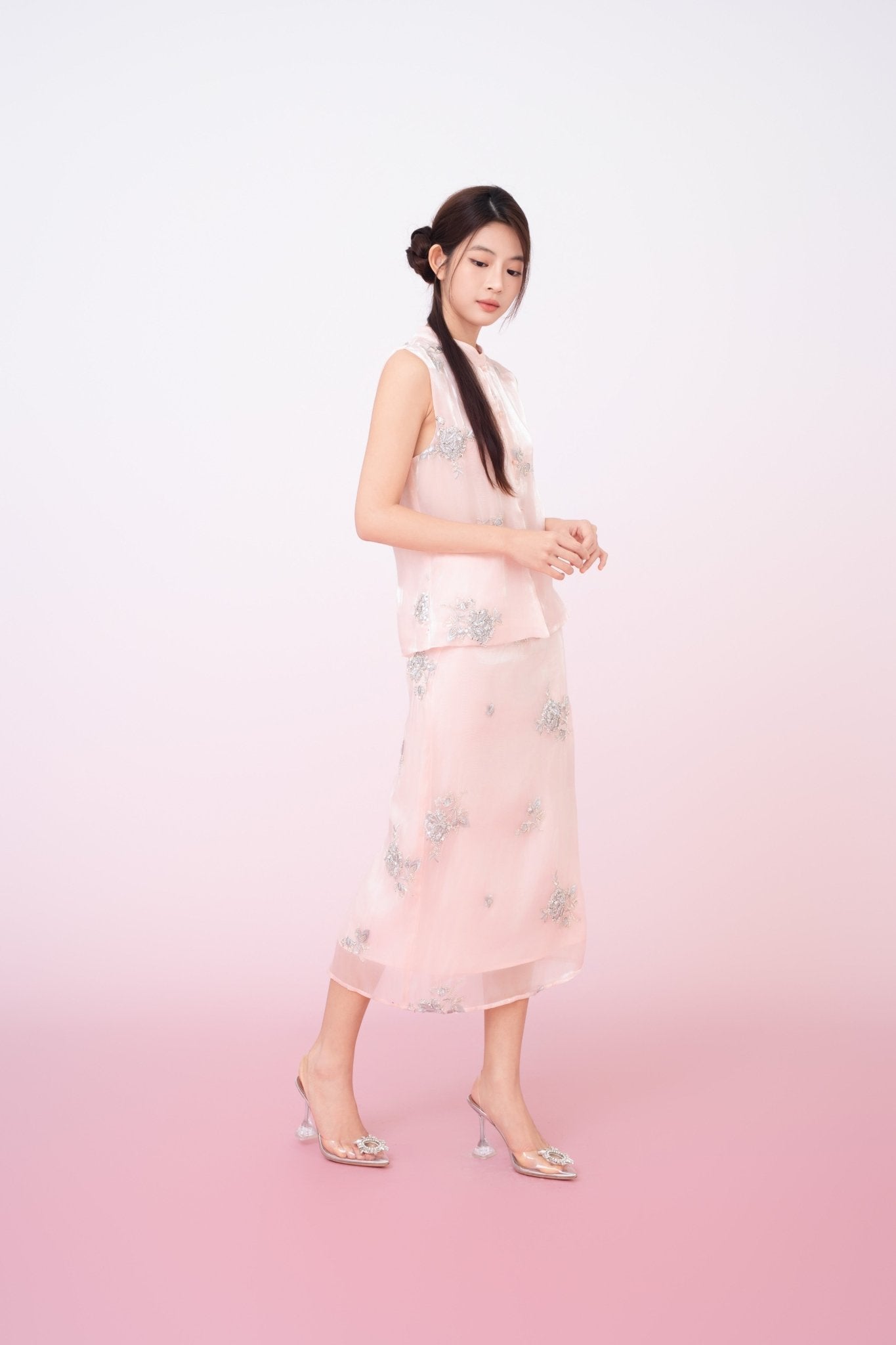 Kailyn Light Pink With Silver Beads Midi Skirt - Nimisski