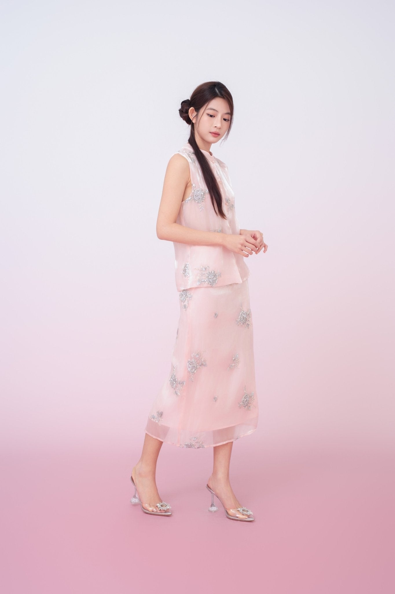 Kailyn Light Pink With Silver Beads Midi Skirt - Nimisski
