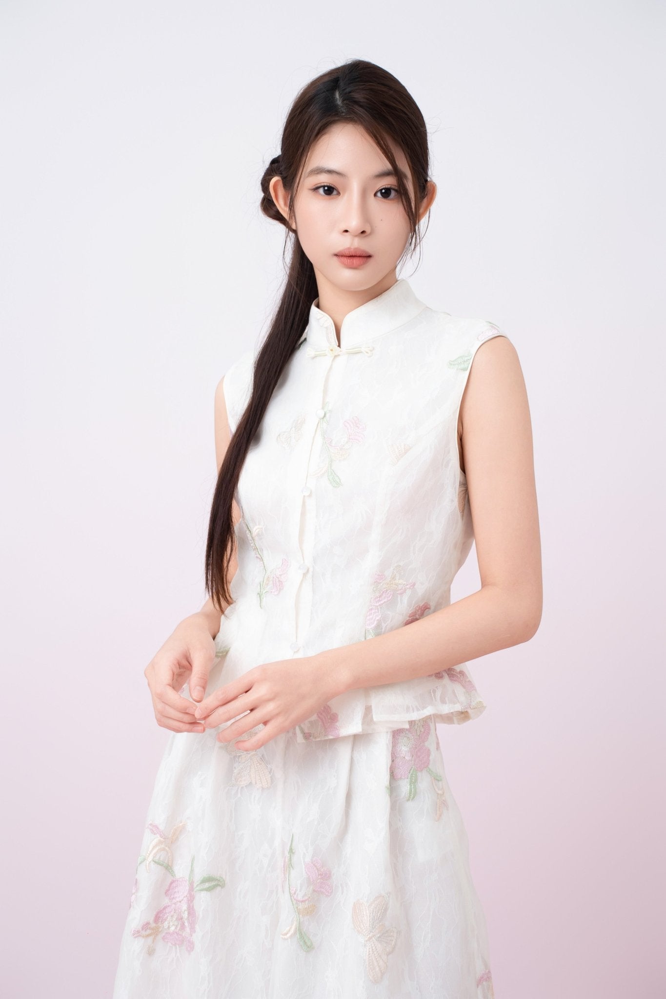 Kylee Ivory Floral Embroidery Peplum Top - Nimisski