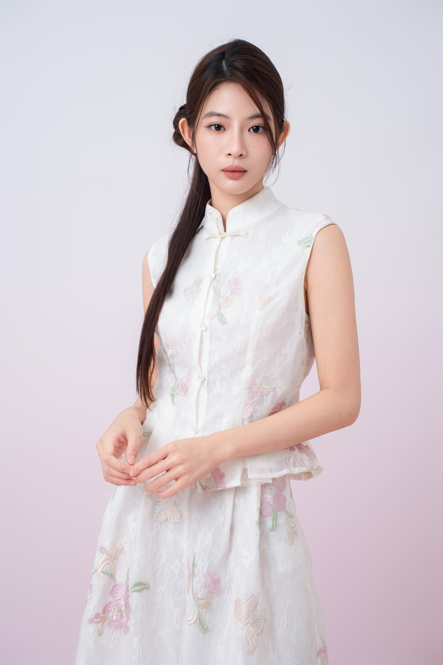 Kylee Ivory Floral Embroidery Peplum Top