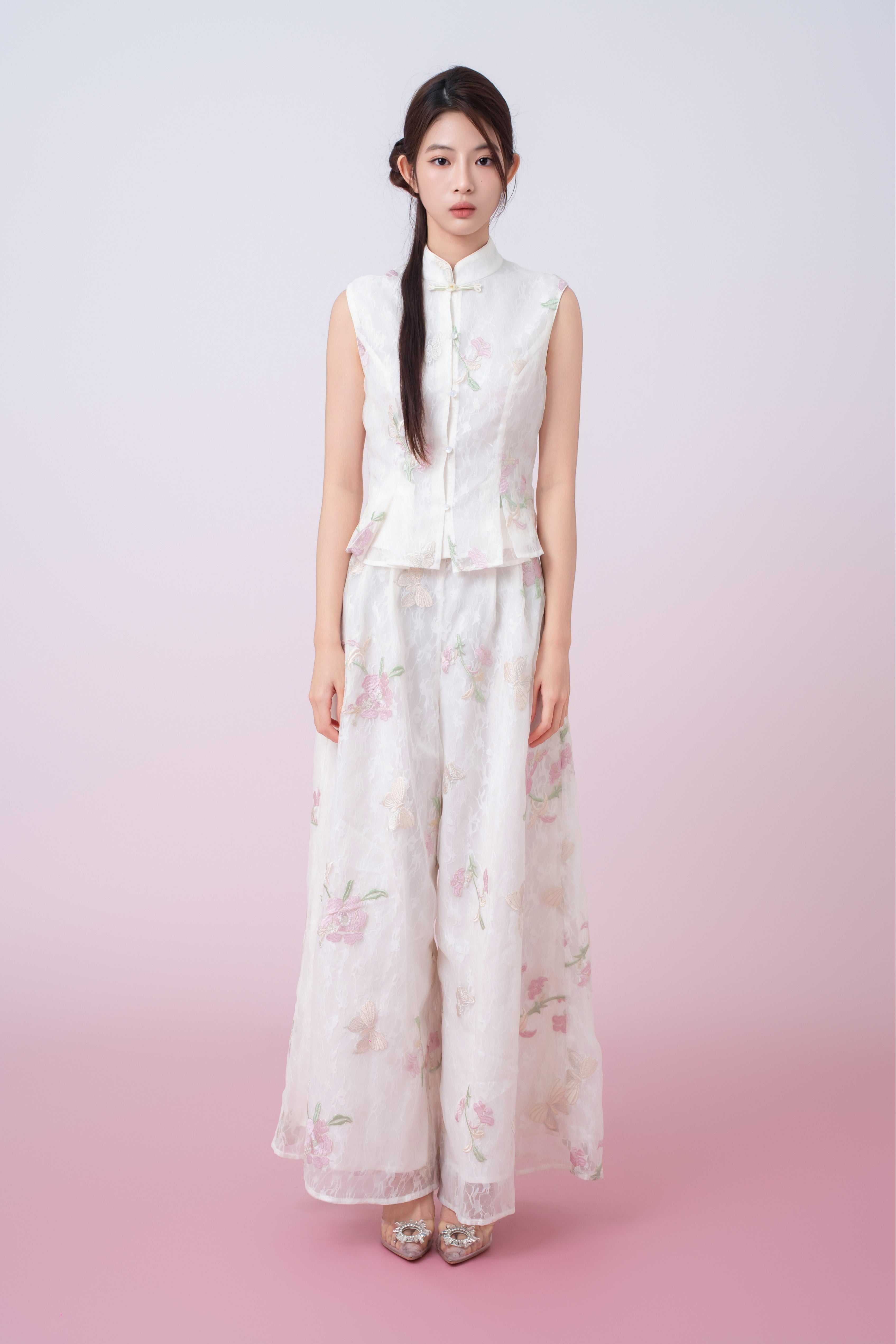 Kylee Ivory Floral Embroidery Straight-Leg Pants