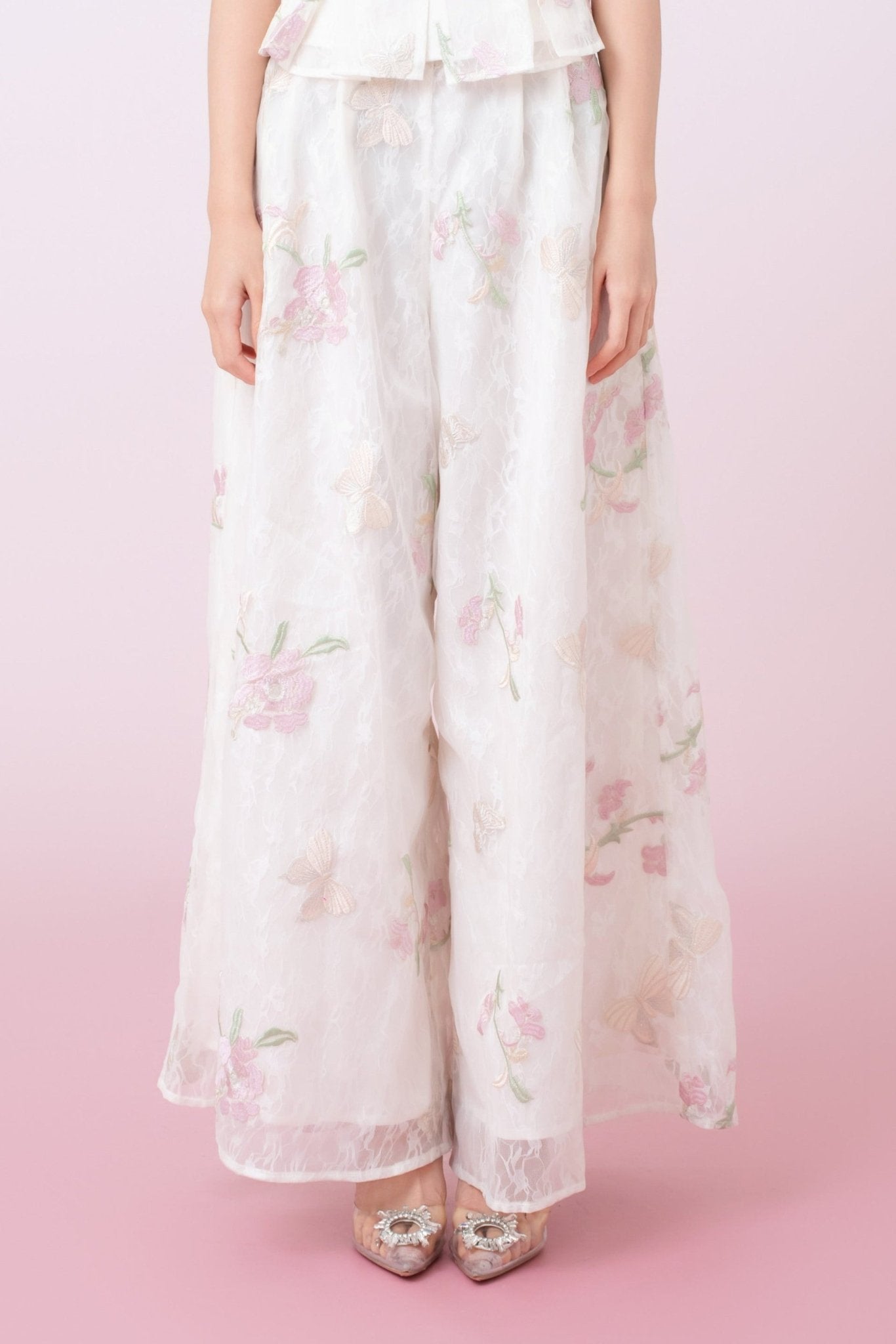 Kylee Ivory Floral Embroidery Straight - Leg Pants - Nimisski