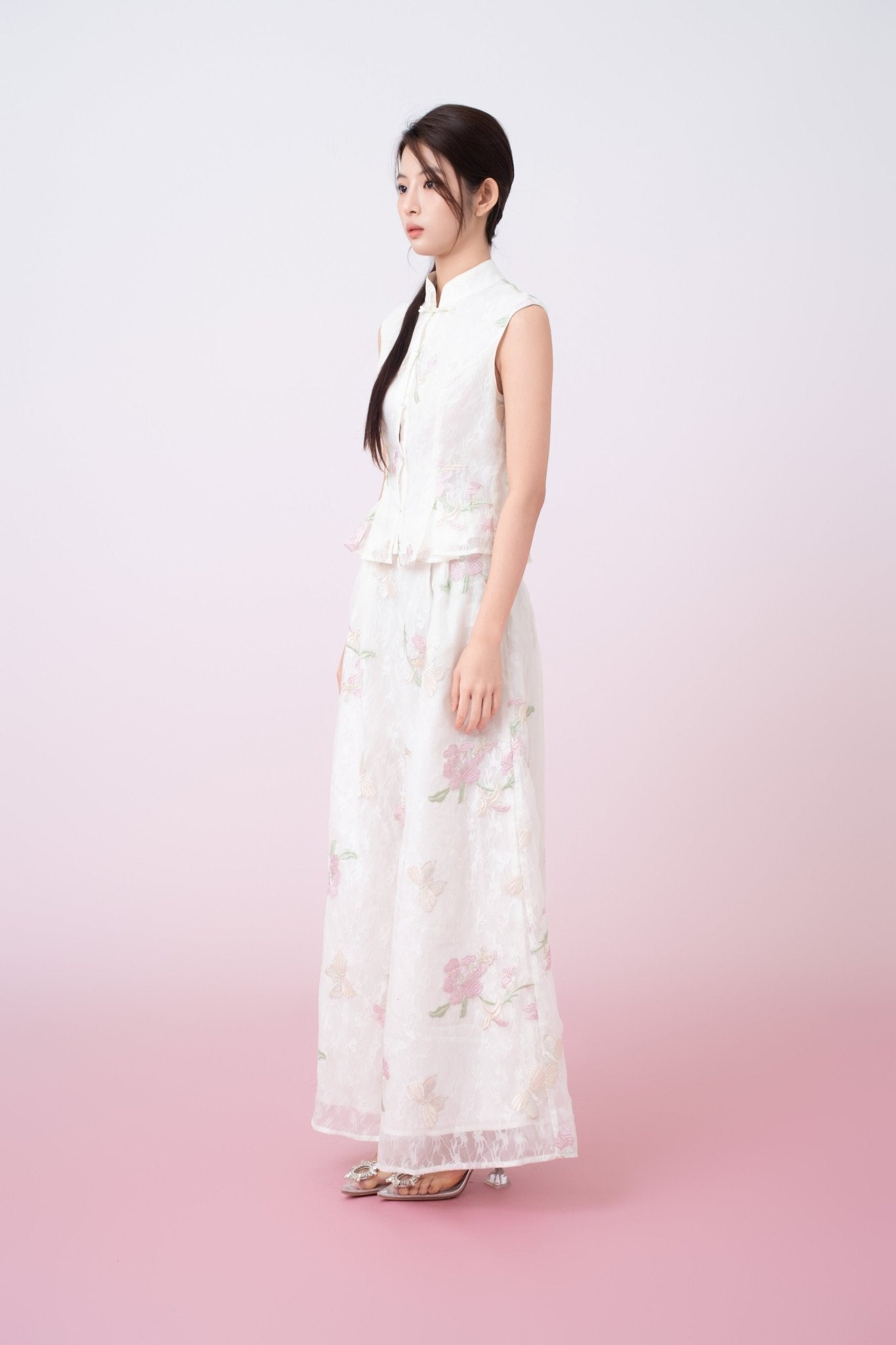 Kylee Ivory Floral Embroidery Straight - Leg Pants - Nimisski