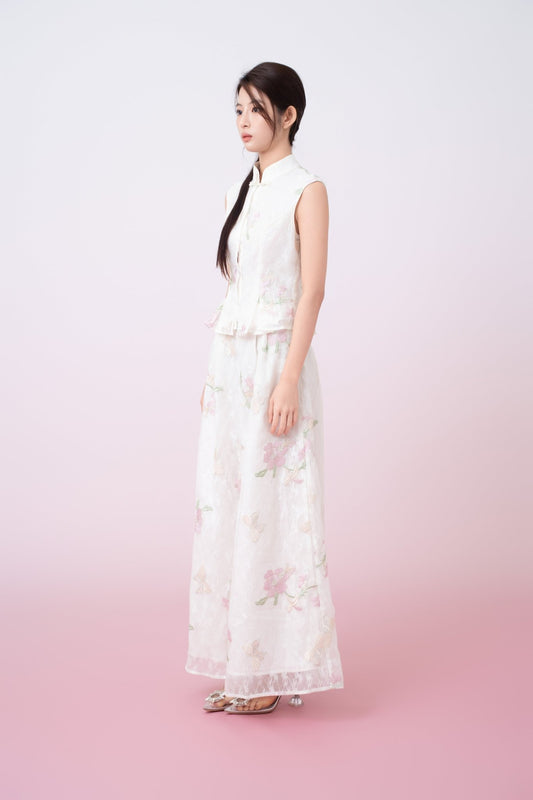 Kylee Ivory Floral Embroidery Straight - Leg Pants - Nimisski