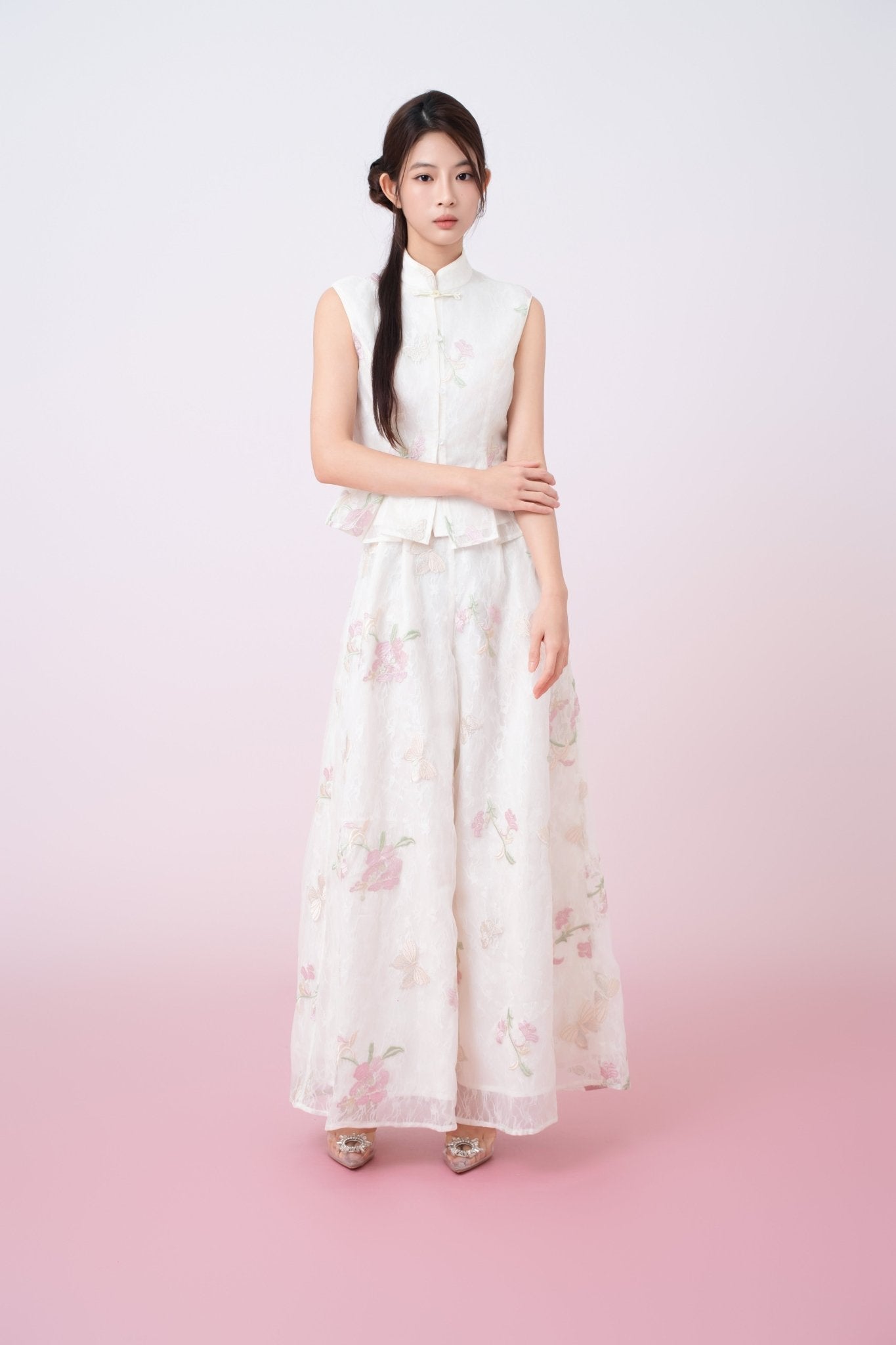 Kylee Ivory Floral Embroidery Straight - Leg Pants - Nimisski