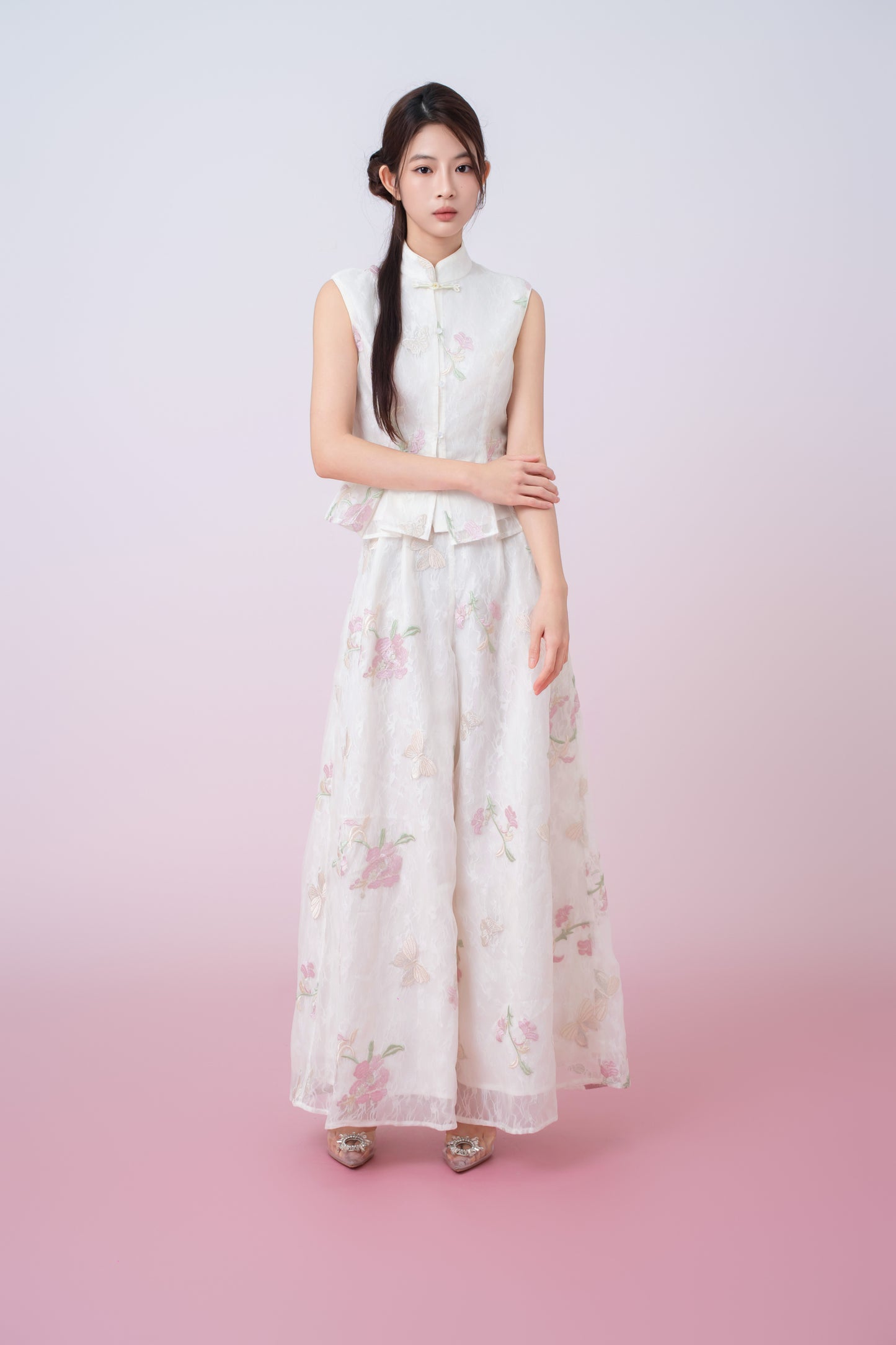 Kylee Ivory Floral Embroidery Straight-Leg Pants
