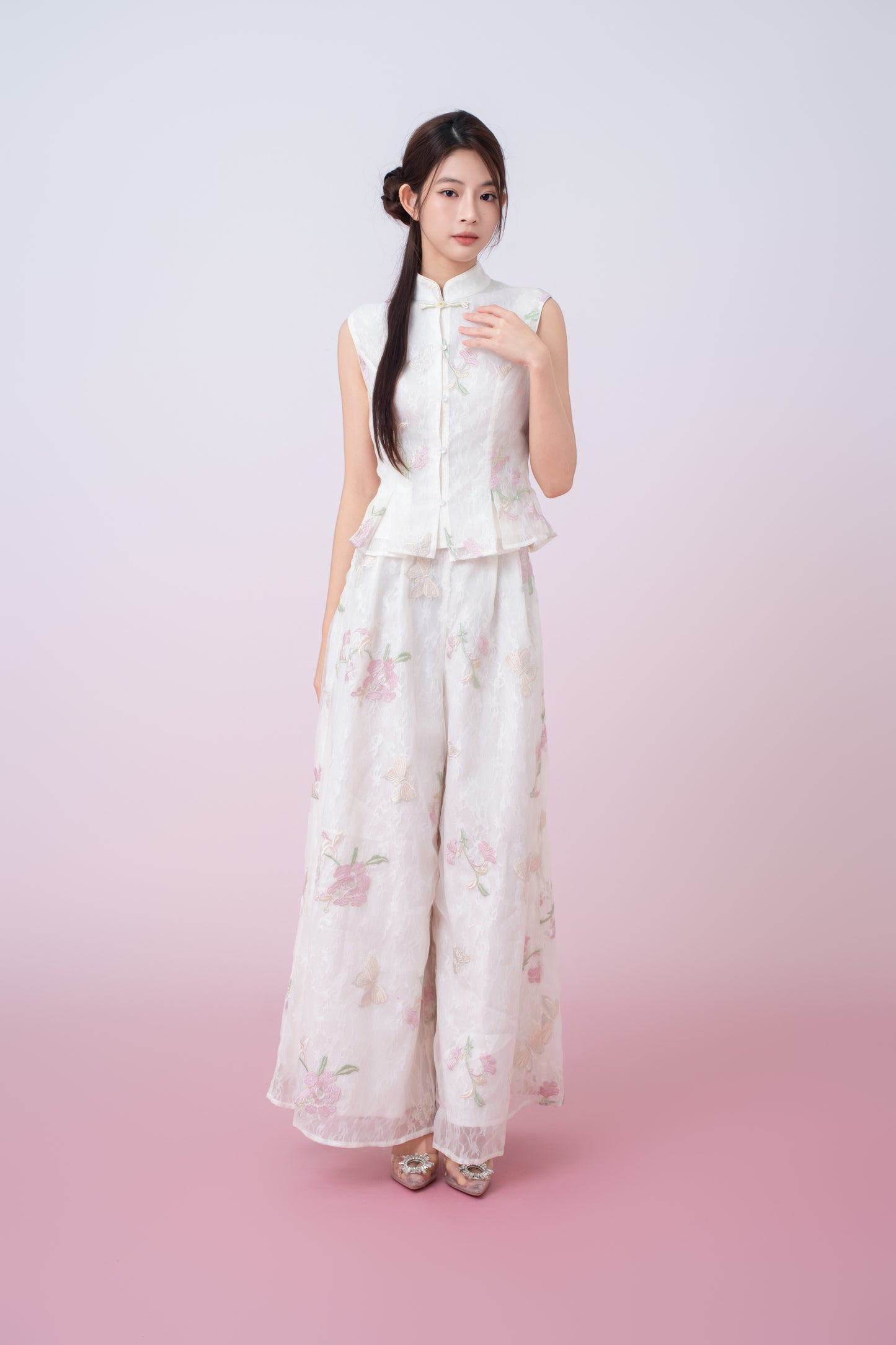 Kylee Ivory Floral Embroidery Straight-Leg Pants