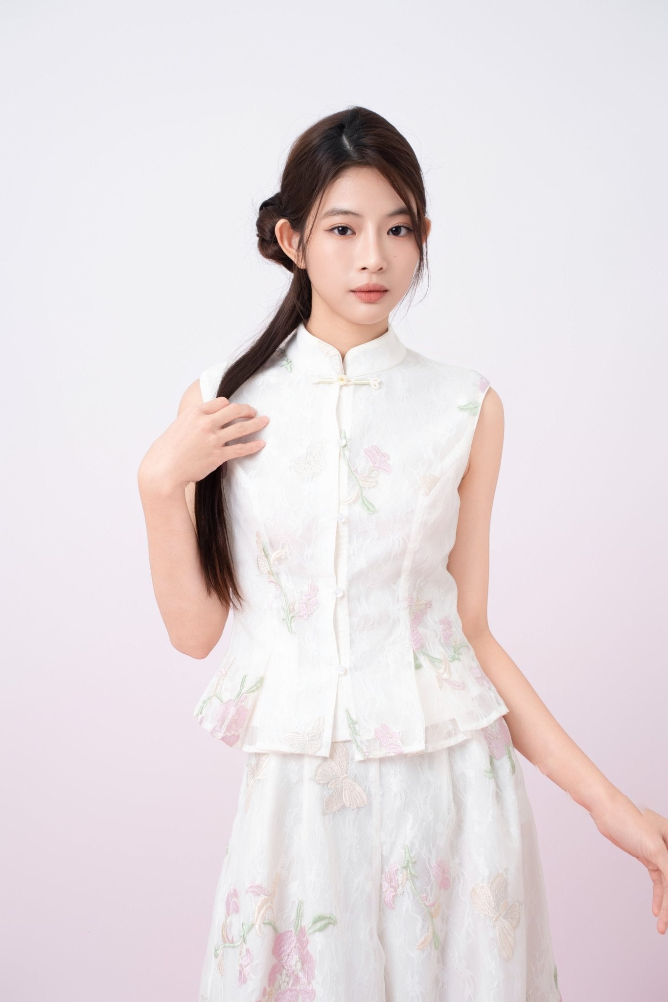 Kylee Ivory Floral Embroidery Peplum Top - Nimisski