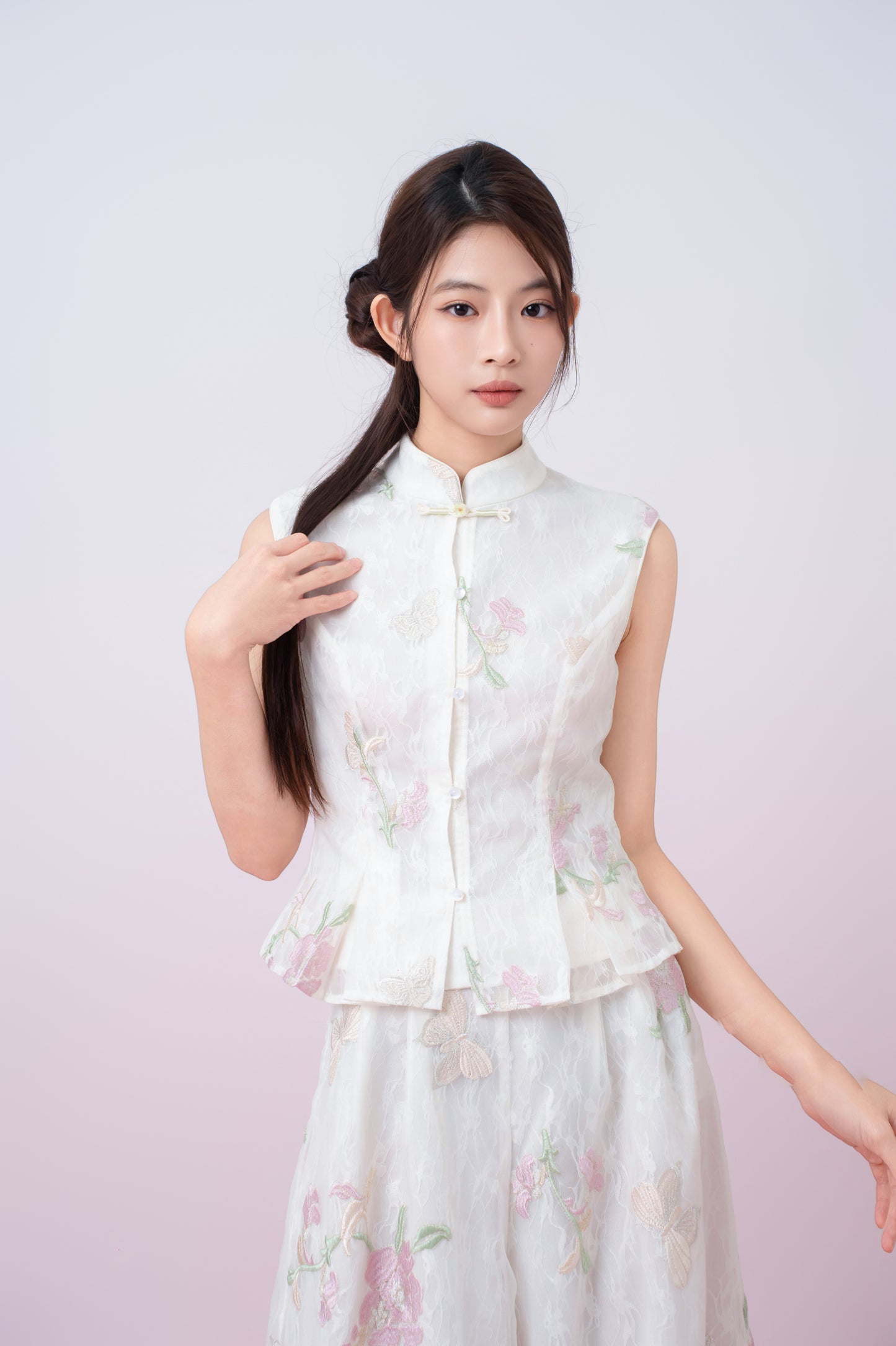 Kylee Ivory Floral Embroidery Peplum Top