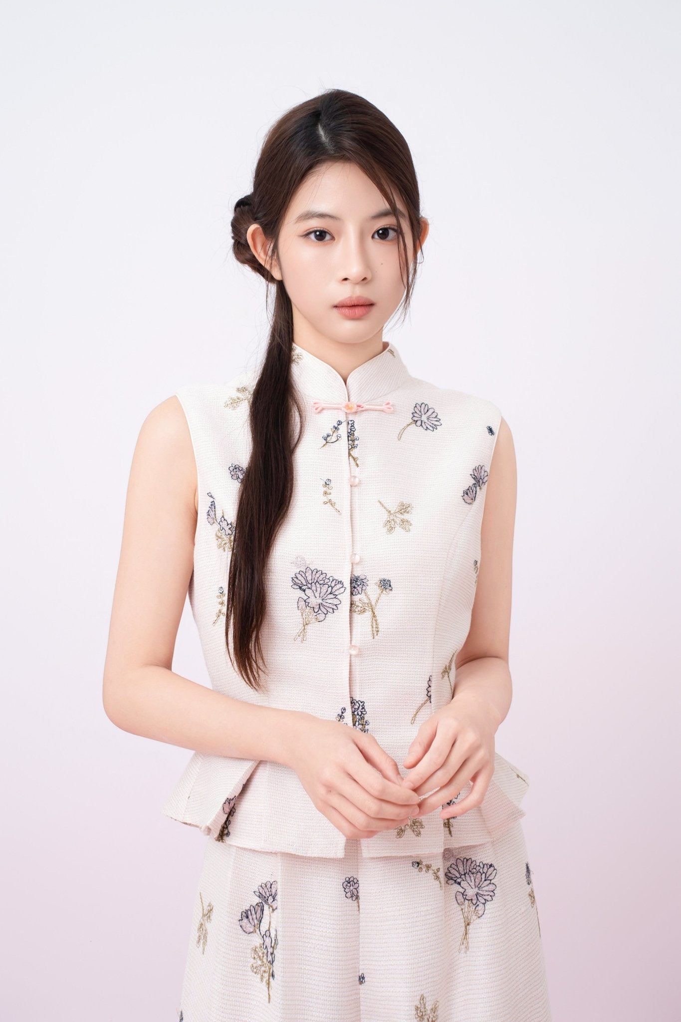 Kylee Soft Pink With Black Floral Embroidered Peplum Top - Nimisski