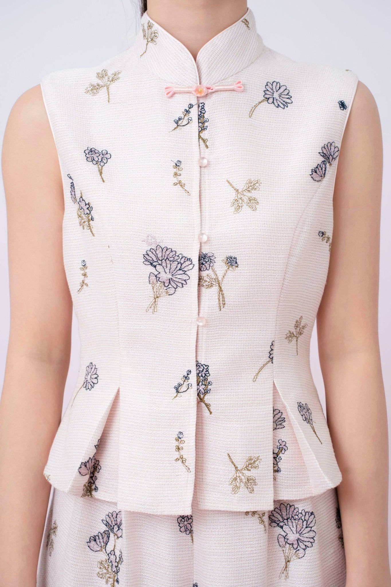 Kylee Soft Pink With Black Floral Embroidered Peplum Top - Nimisski