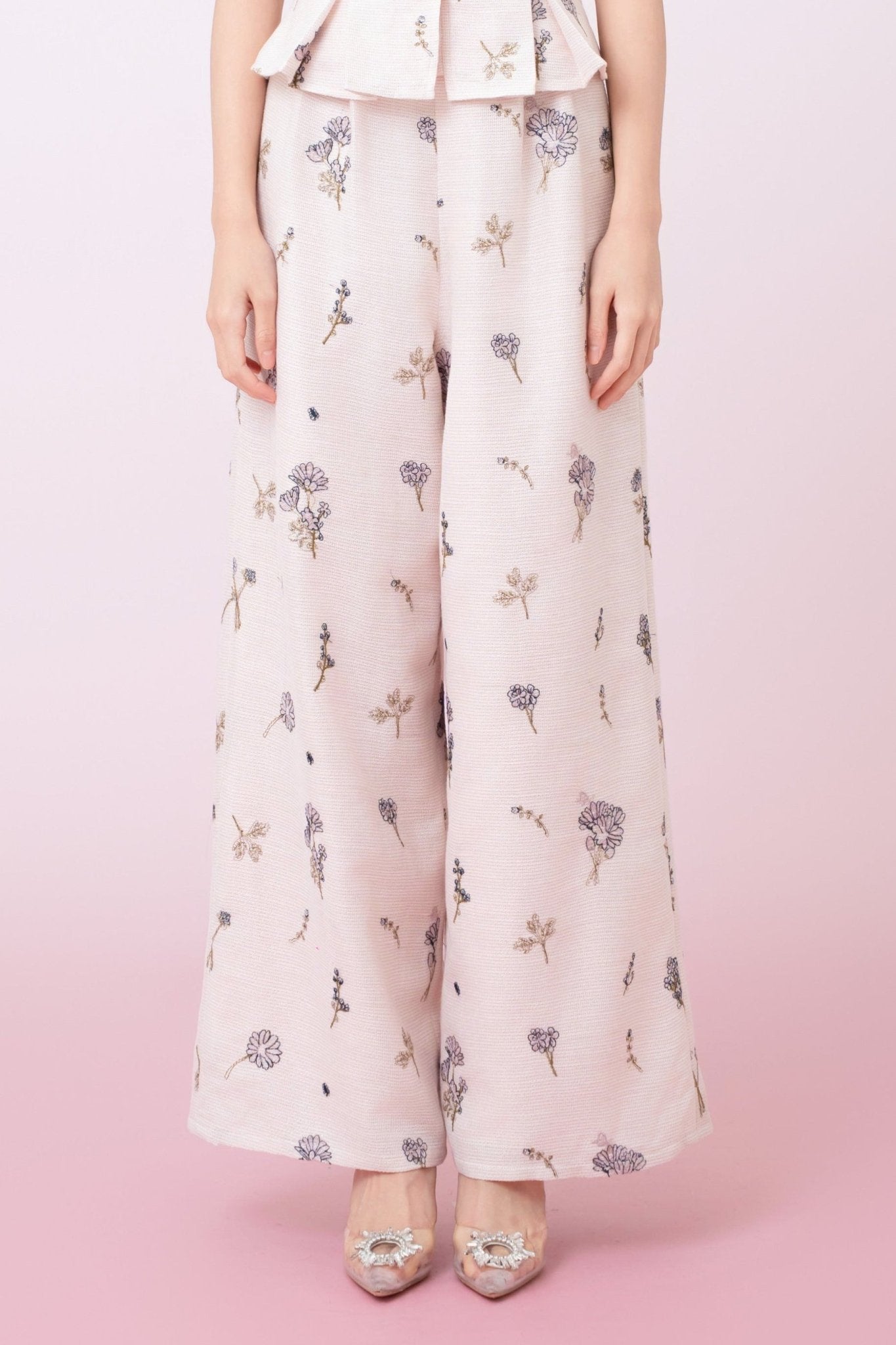 Kylee Soft Pink With Black Floral Embroidered Straight - Leg Pants - Nimisski