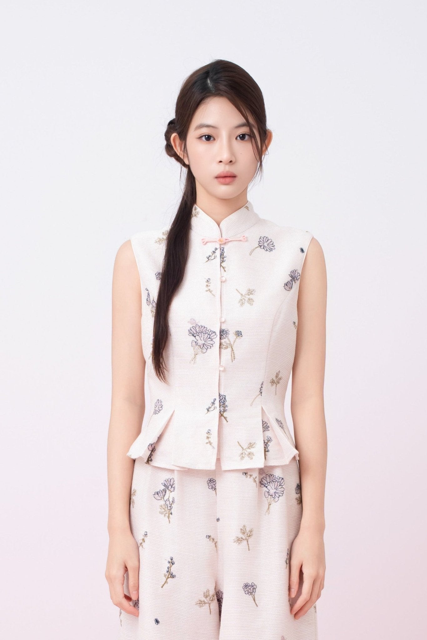 Kylee Soft Pink With Black Floral Embroidered Peplum Top - Nimisski