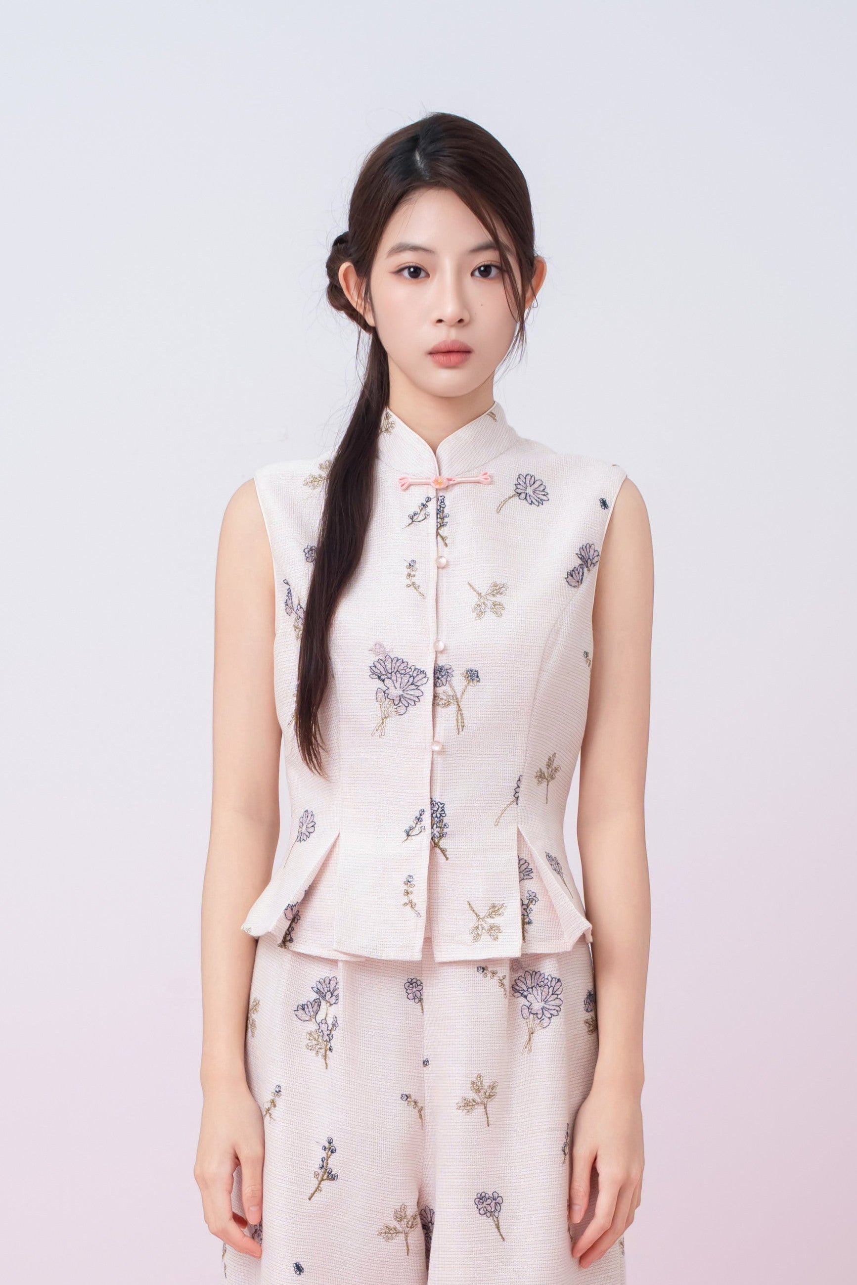 Kylee Soft Pink With Black Floral Embroidered Peplum Top