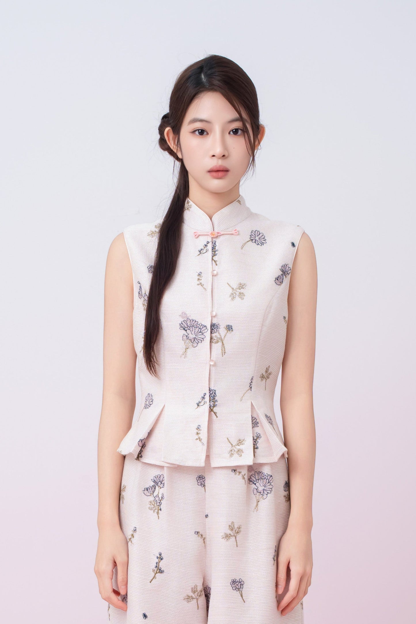 Kylee Soft Pink With Black Floral Embroidered Peplum Top