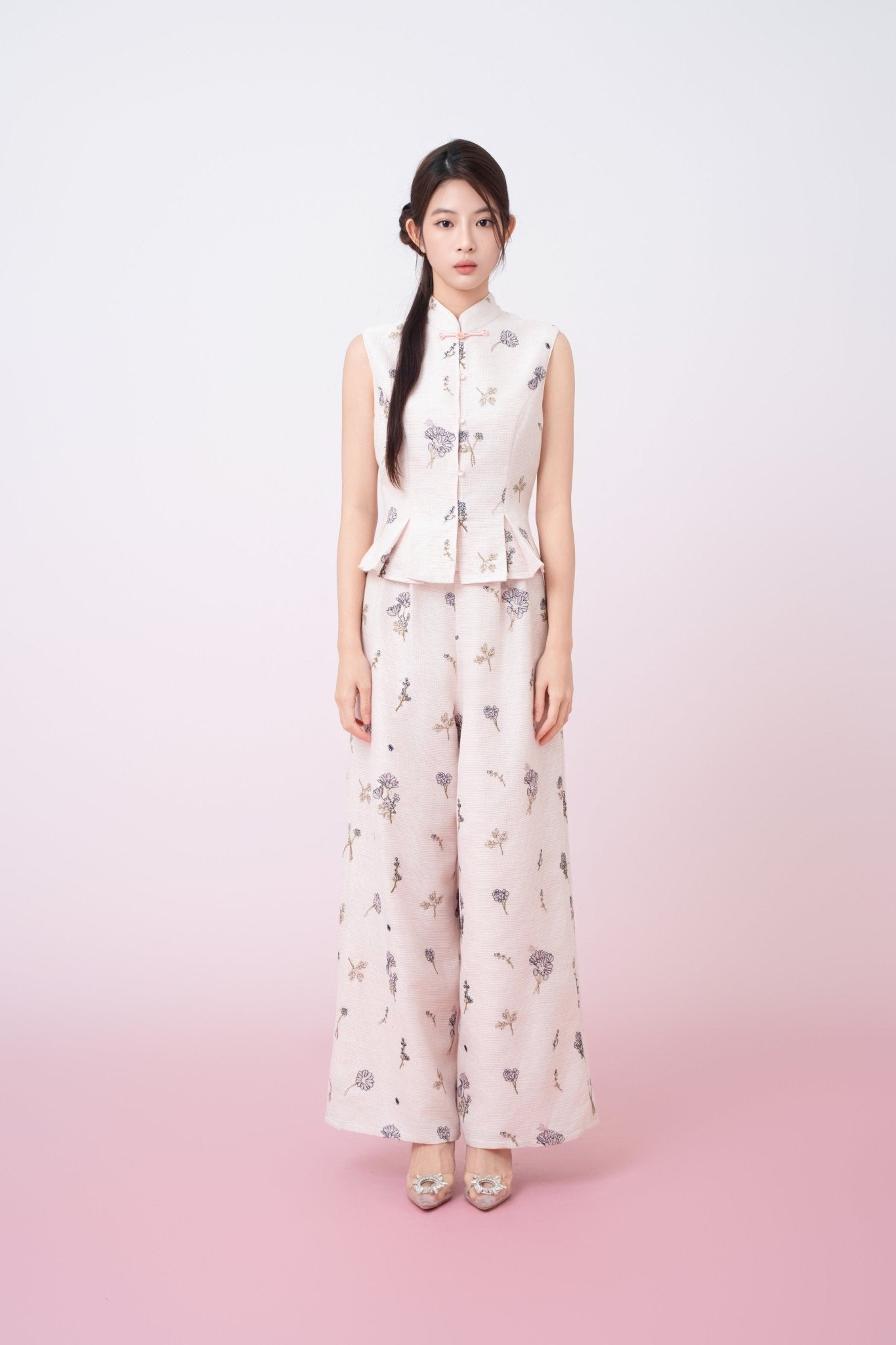 Kylee Soft Pink With Black Floral Embroidered Straight - Leg Pants - Nimisski