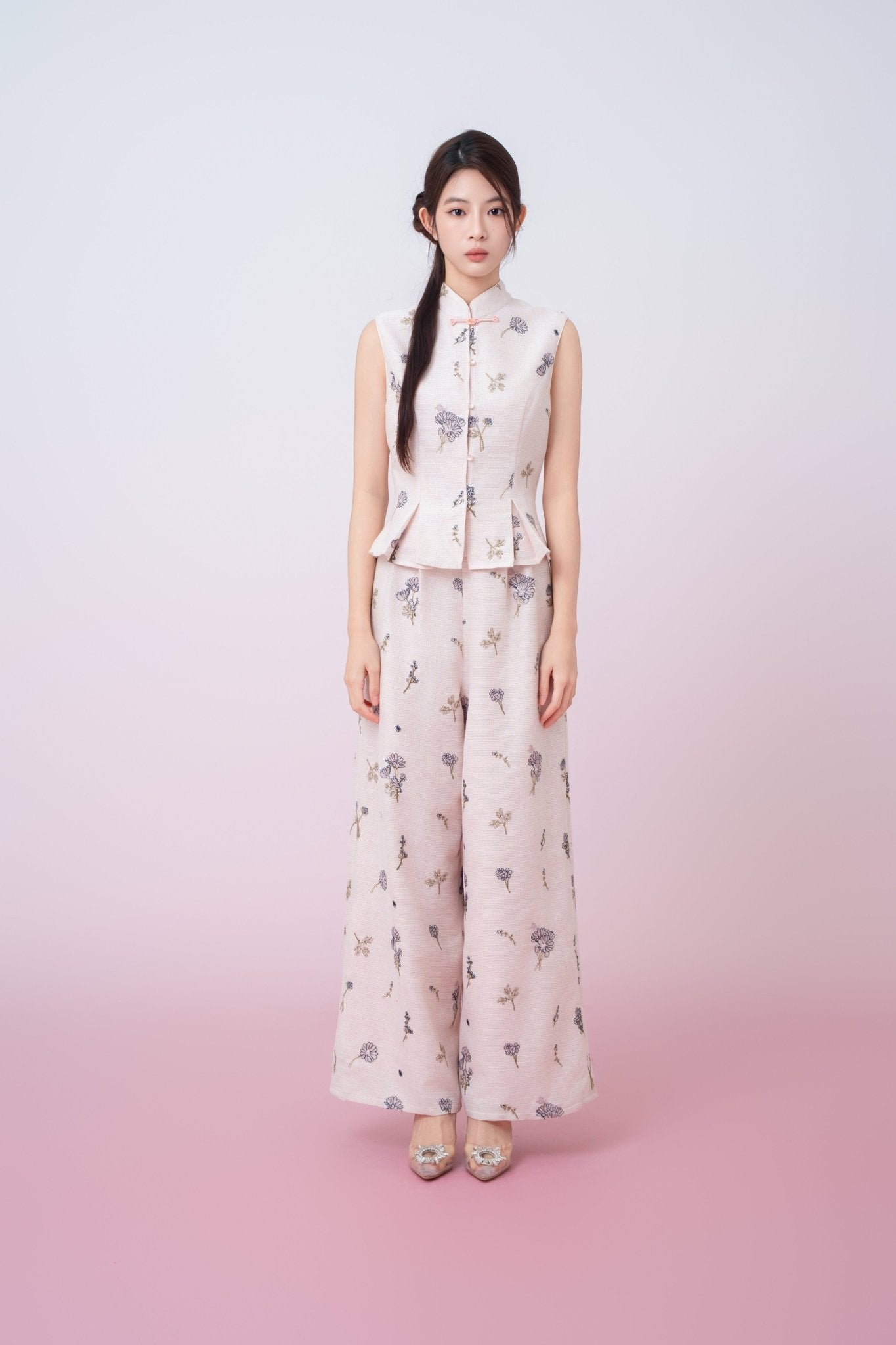 Kylee Soft Pink With Black Floral Embroidered Straight - Leg Pants - Nimisski