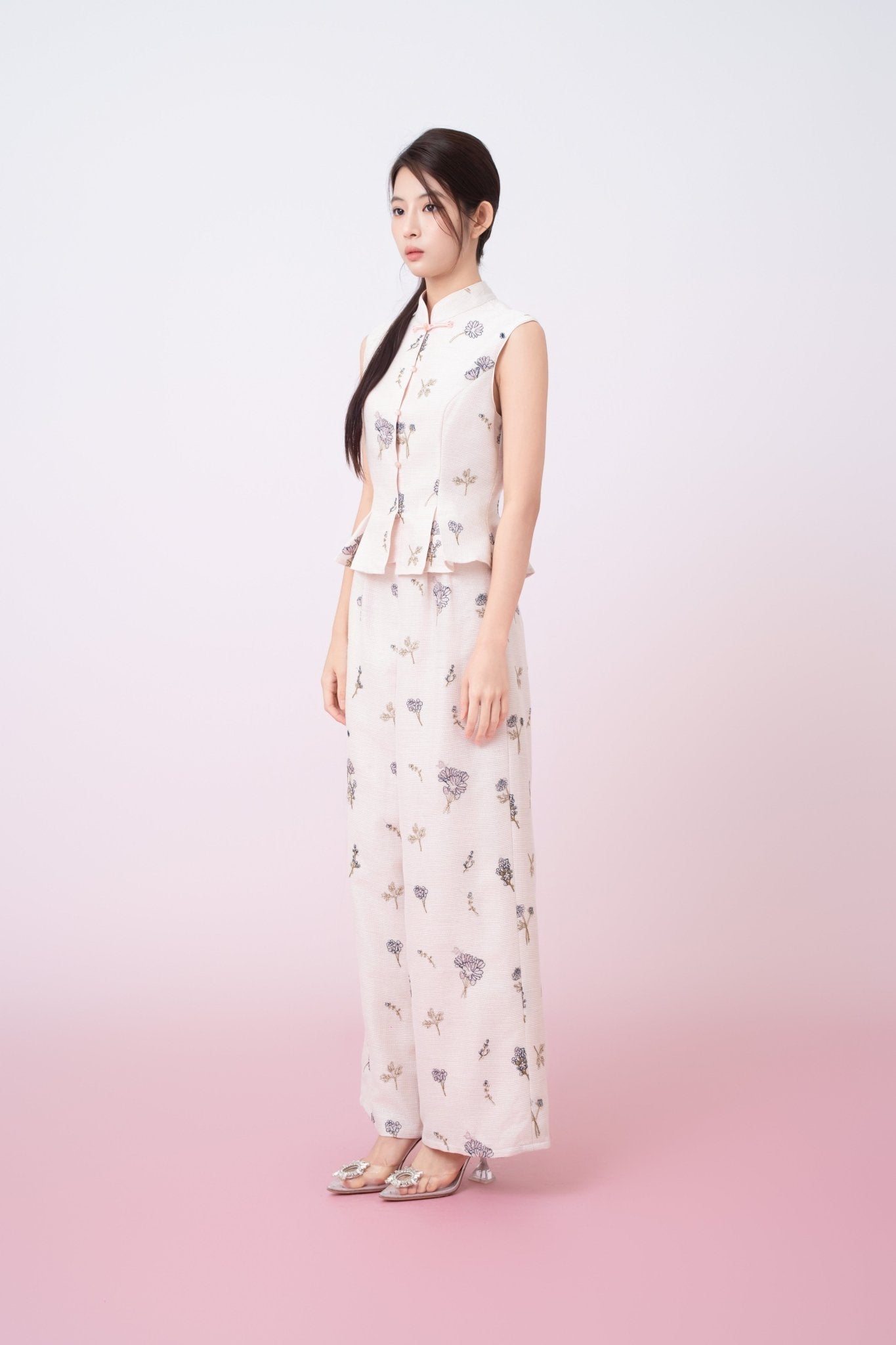 Kylee Soft Pink With Black Floral Embroidered Peplum Top - Nimisski