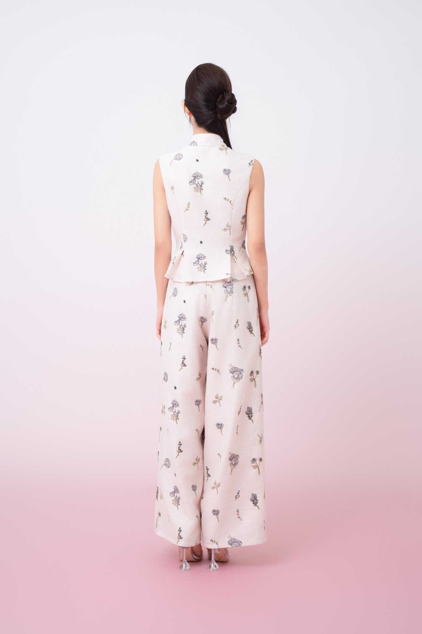 Kylee Soft Pink With Black Floral Embroidered Straight - Leg Pants - Nimisski