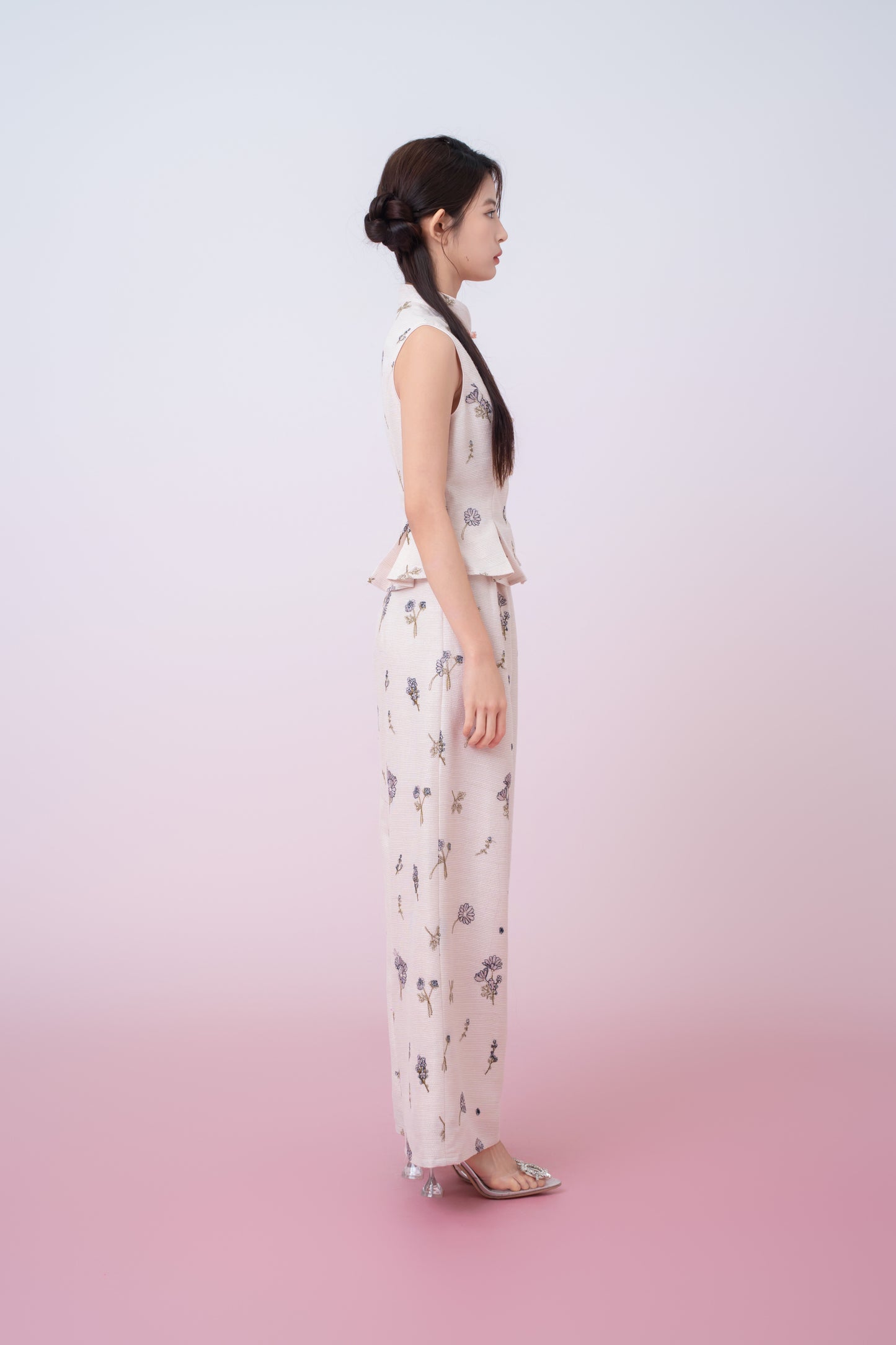 Kylee Soft Pink With Black Floral Embroidered Peplum Top