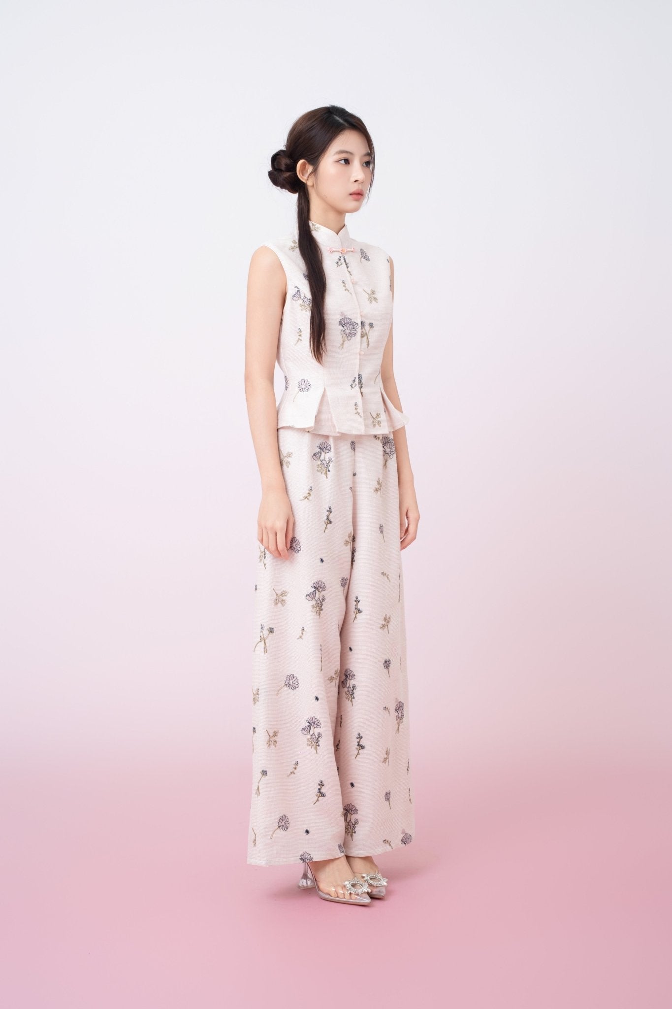 Kylee Soft Pink With Black Floral Embroidered Peplum Top - Nimisski