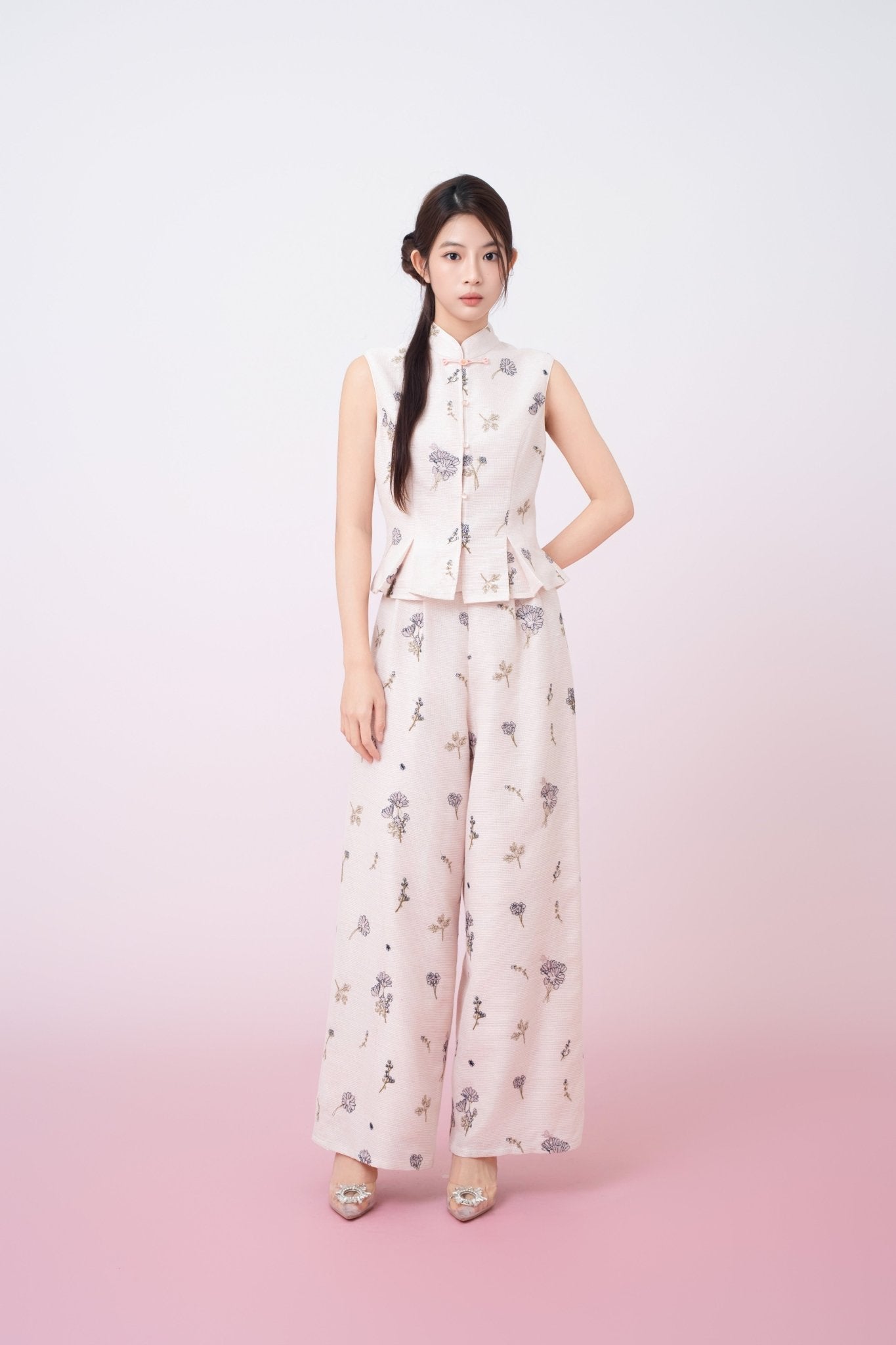 Kylee Soft Pink With Black Floral Embroidered Straight - Leg Pants - Nimisski