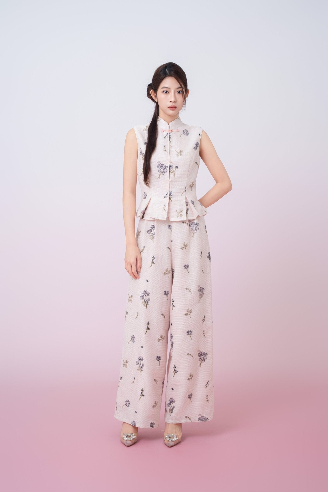 Kylee Soft Pink With Black Floral Embroidered Straight - Leg Pants - Nimisski
