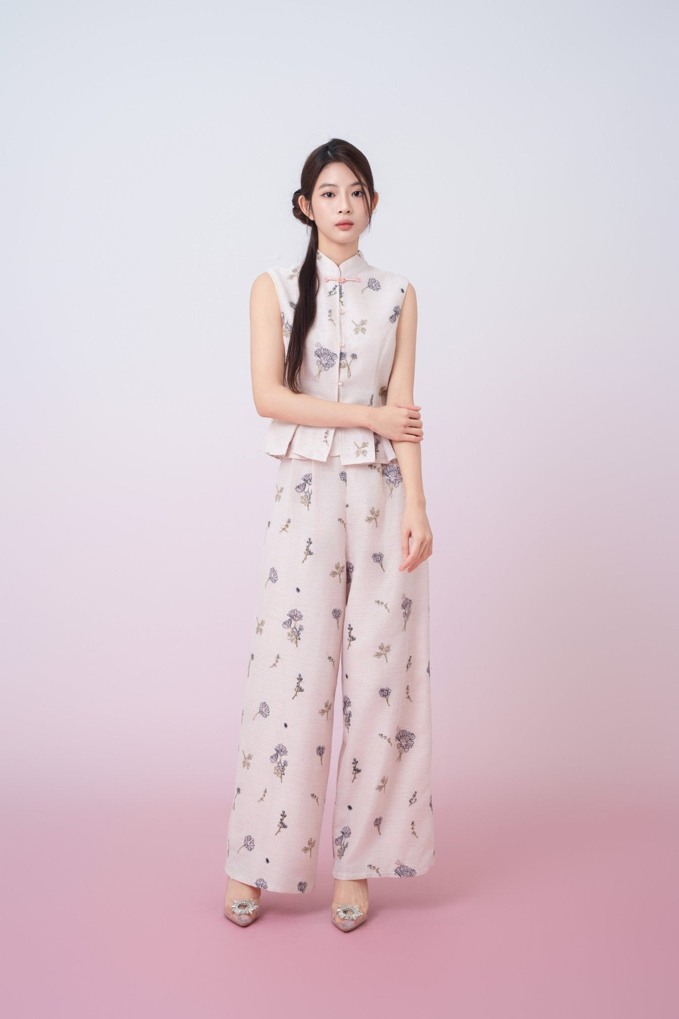 Kylee Soft Pink With Black Floral Embroidered Straight - Leg Pants - Nimisski
