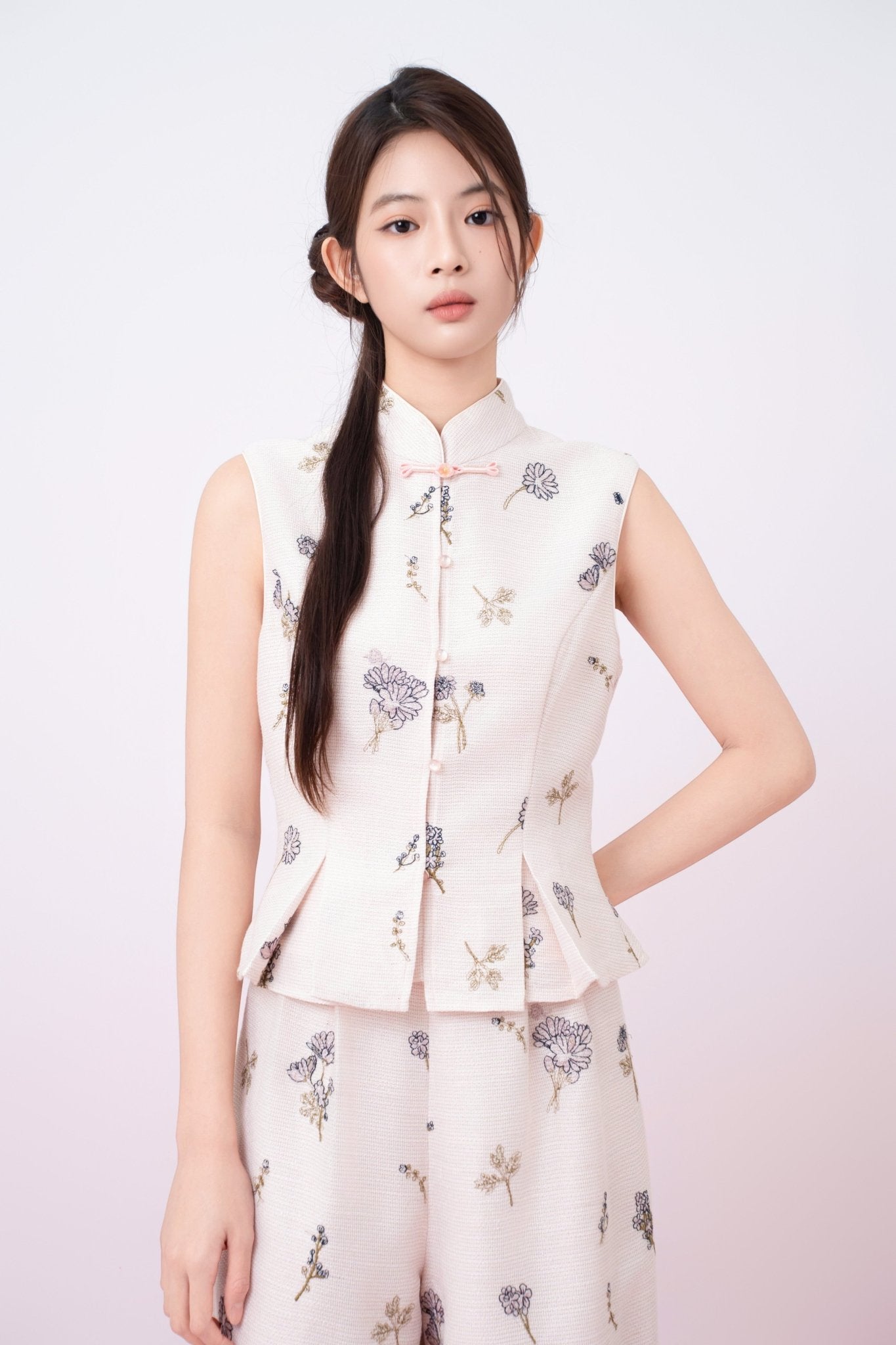 Kylee Soft Pink With Black Floral Embroidered Peplum Top - Nimisski