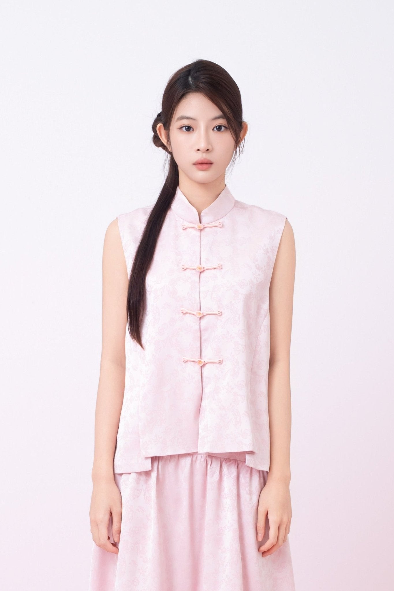 Kaiya Pink Jacquard Mandarin Collar Top - Nimisski