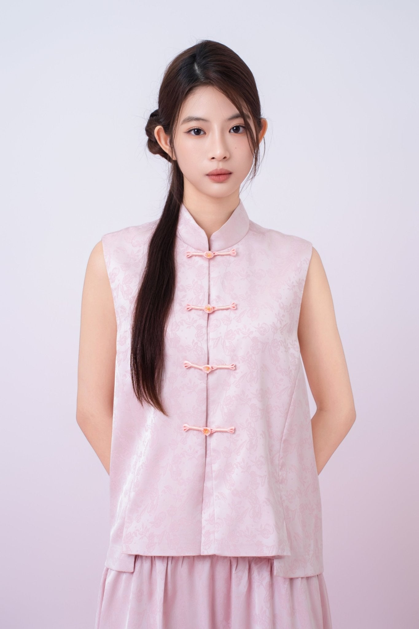Kaiya Pink Jacquard Mandarin Collar Top - Nimisski