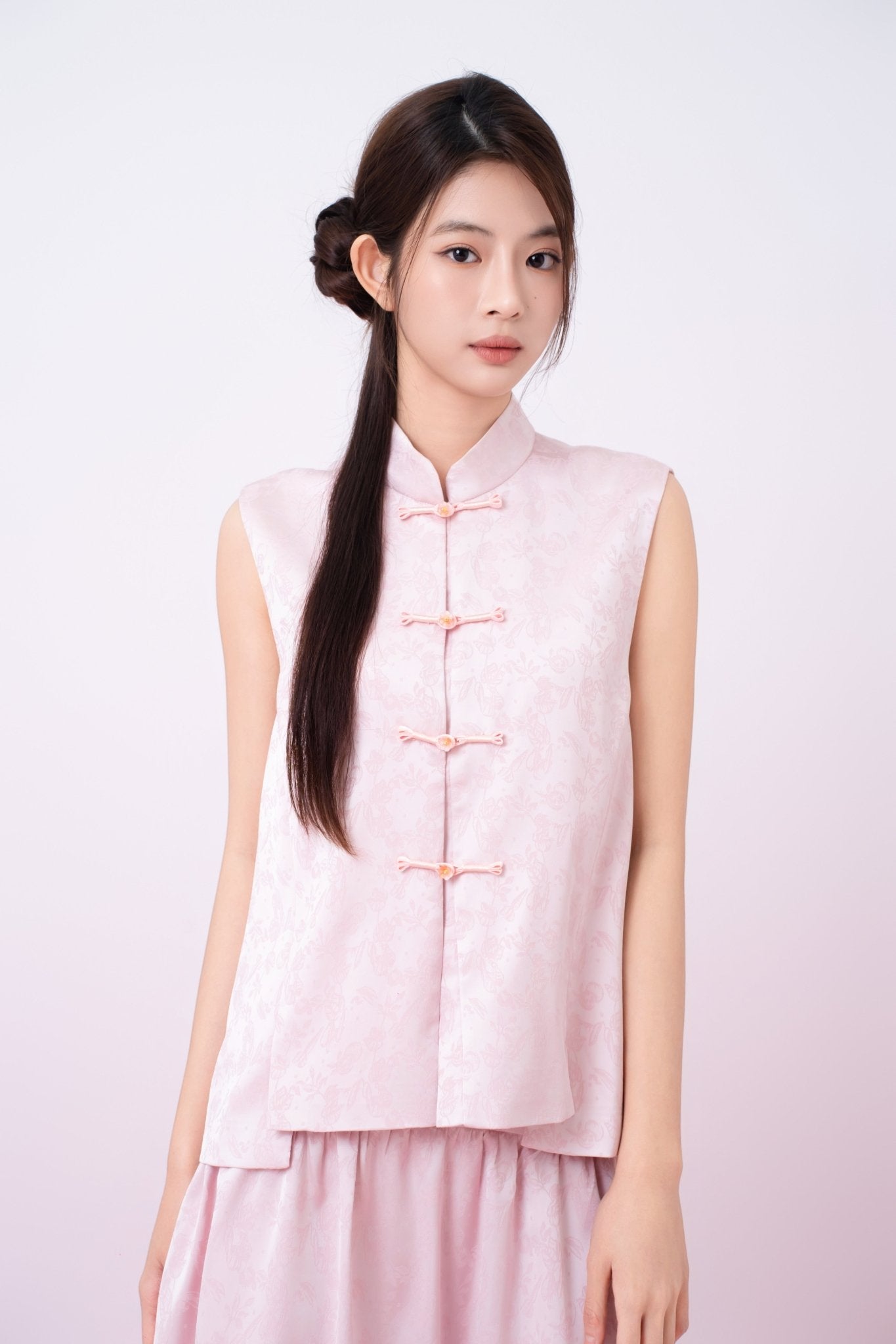 Kaiya Pink Jacquard Mandarin Collar Top - Nimisski