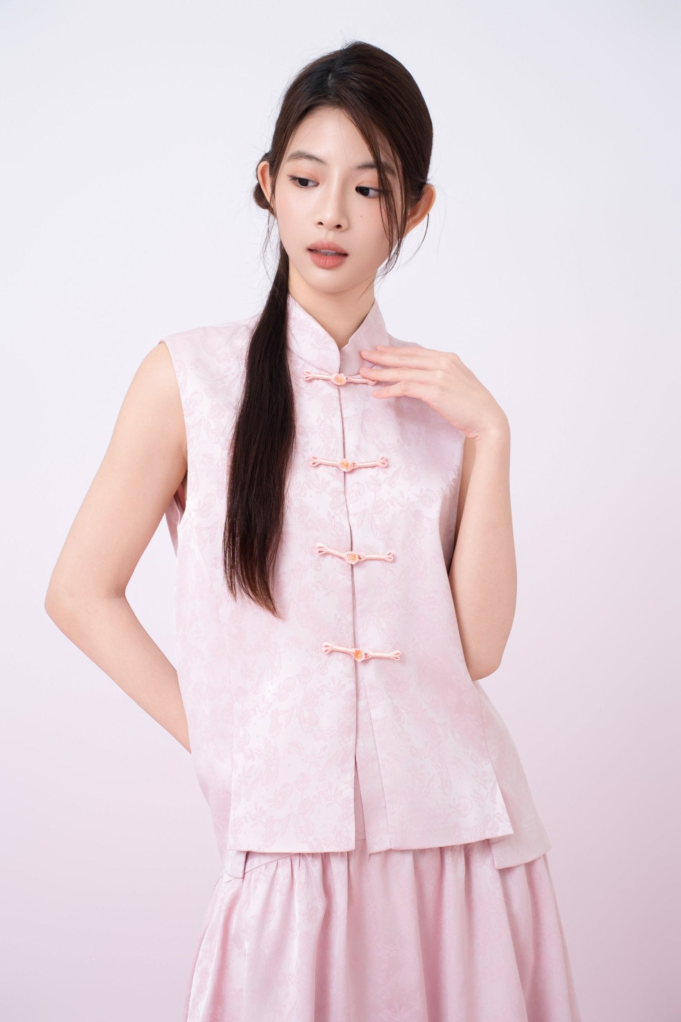 Kaiya Pink Jacquard Mandarin Collar Top - Nimisski
