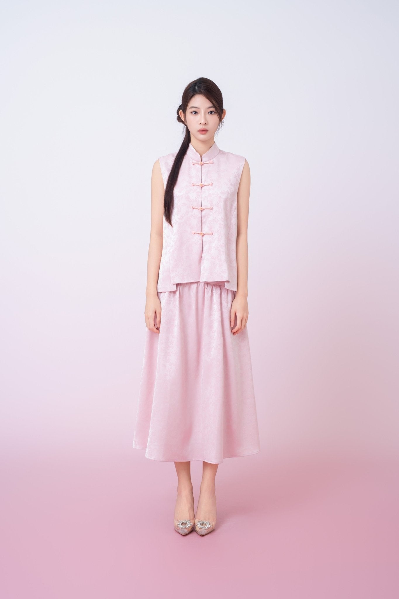 Kaiya Pink Jacquard Mandarin Collar Top - Nimisski