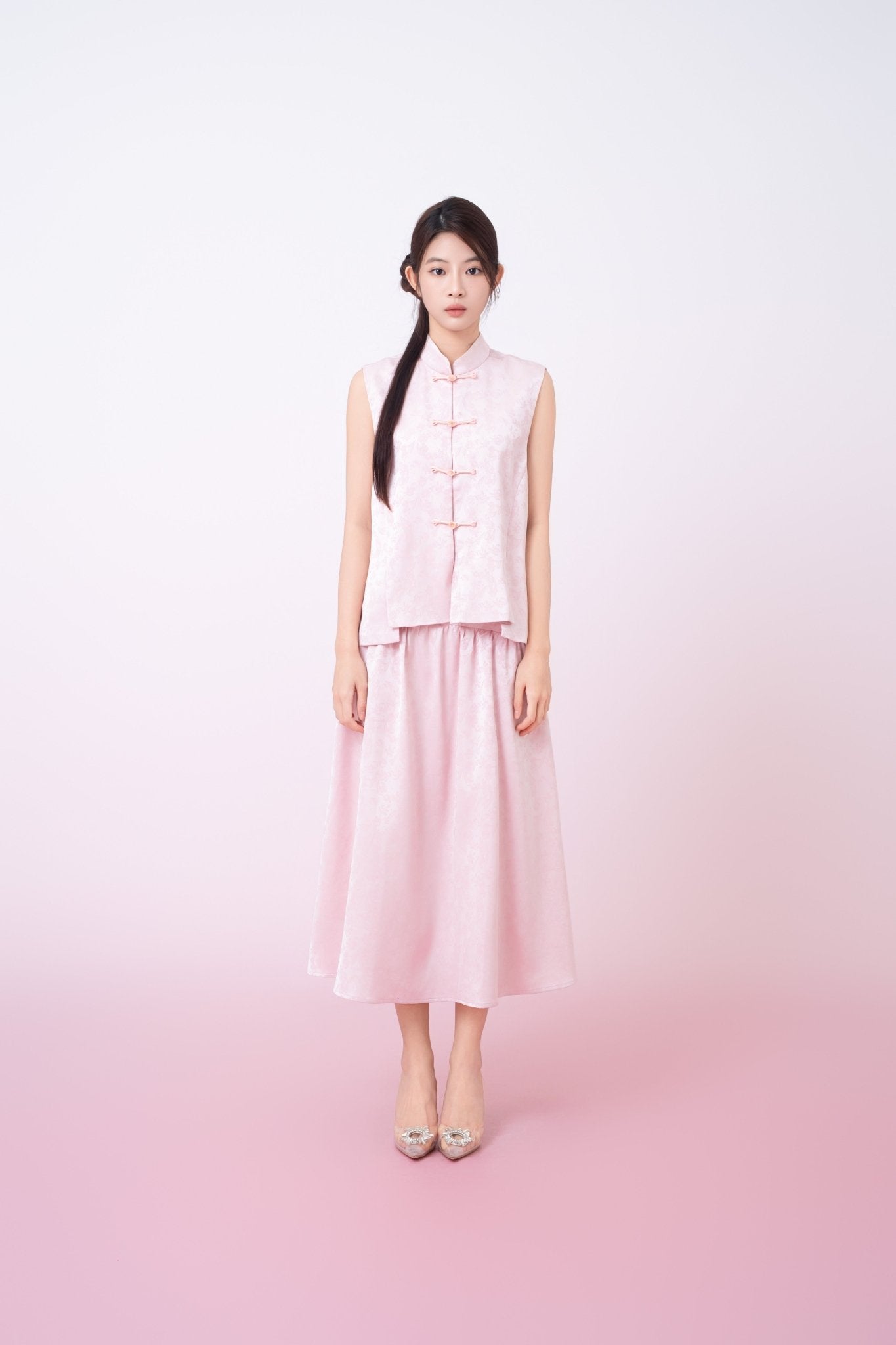 Kaiya Pink Jacquard Midi A - Line Skirt - Nimisski