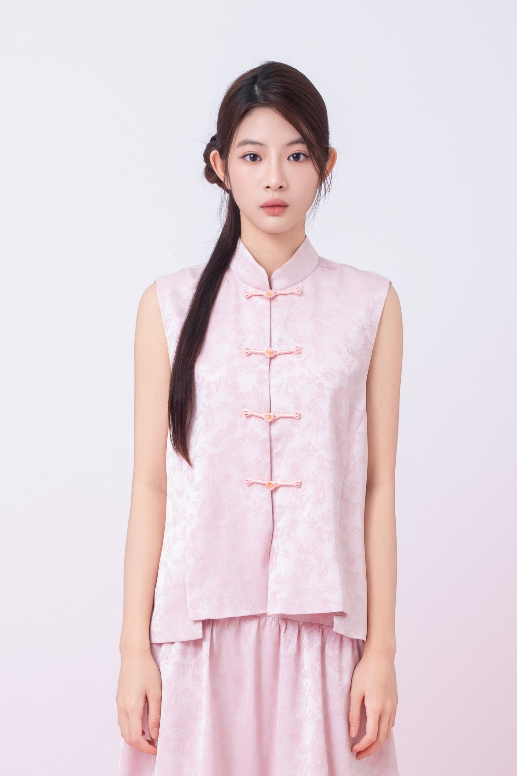 Kaiya Pink Jacquard Mandarin Collar Top