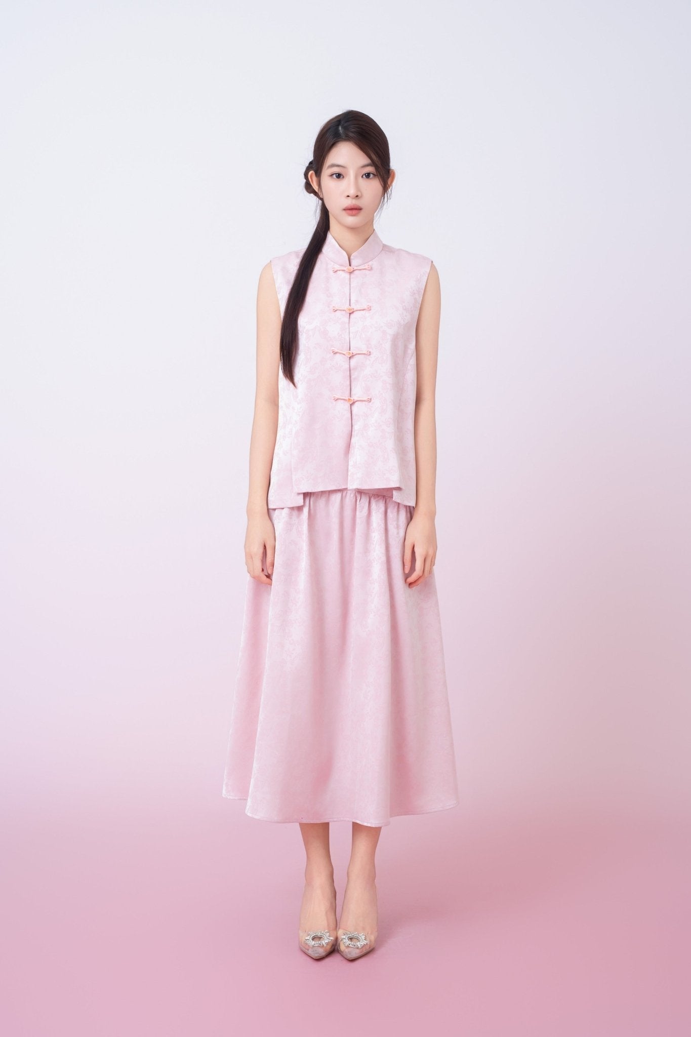 Kaiya Pink Jacquard Midi A - Line Skirt - Nimisski