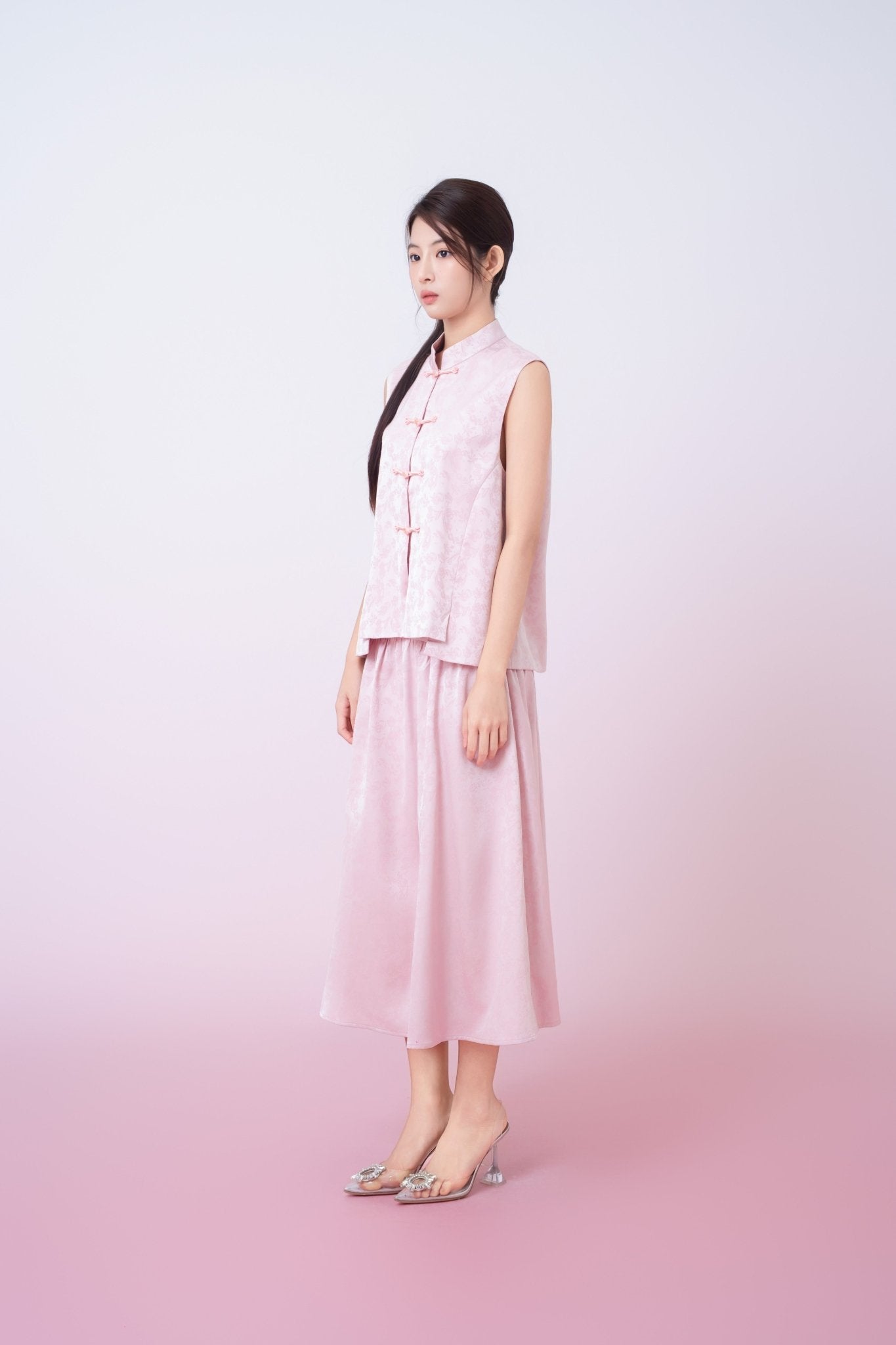 Kaiya Pink Jacquard Mandarin Collar Top - Nimisski