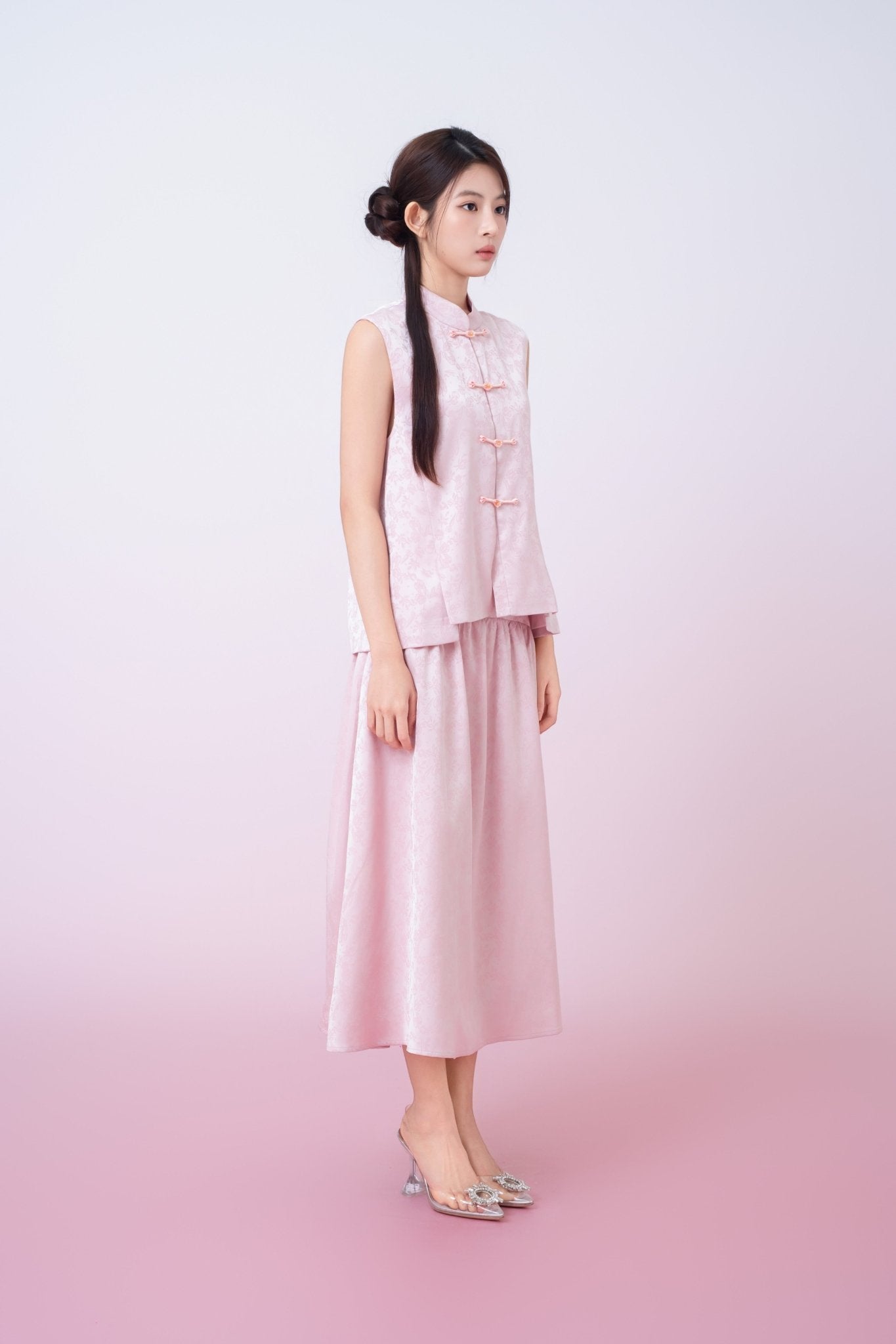Kaiya Pink Jacquard Mandarin Collar Top - Nimisski