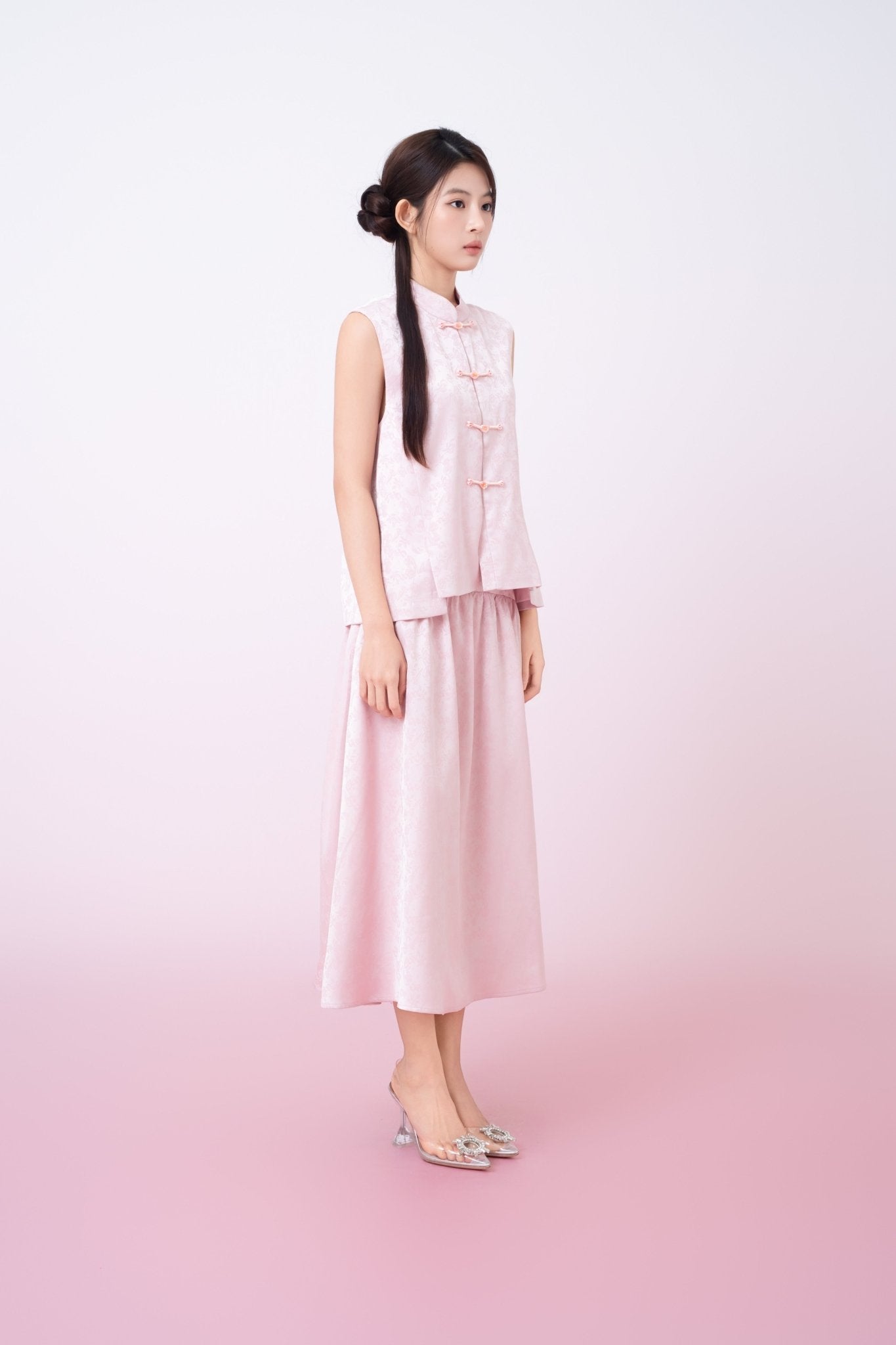 Kaiya Pink Jacquard Midi A - Line Skirt - Nimisski