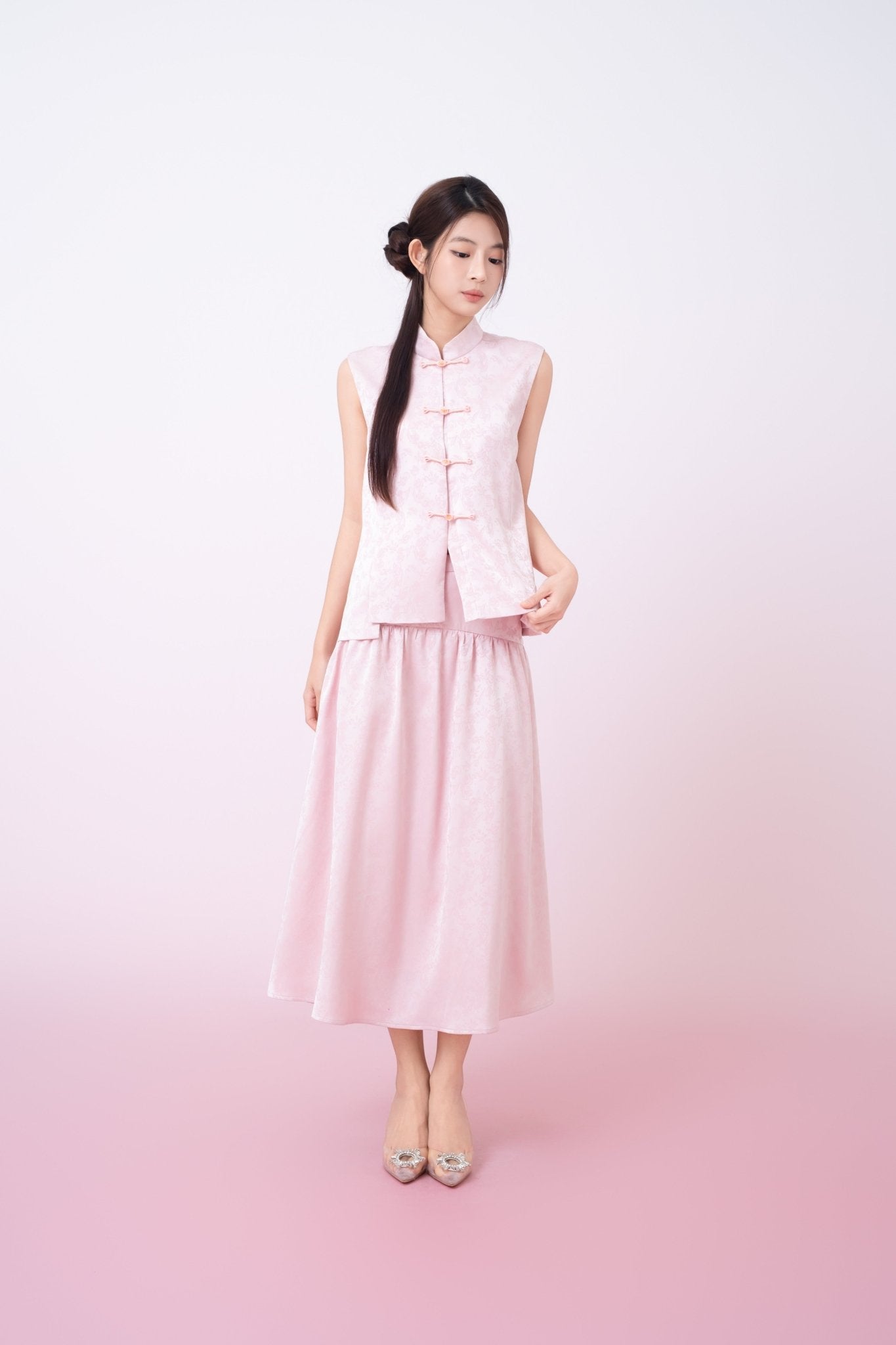 Kaiya Pink Jacquard Midi A - Line Skirt - Nimisski