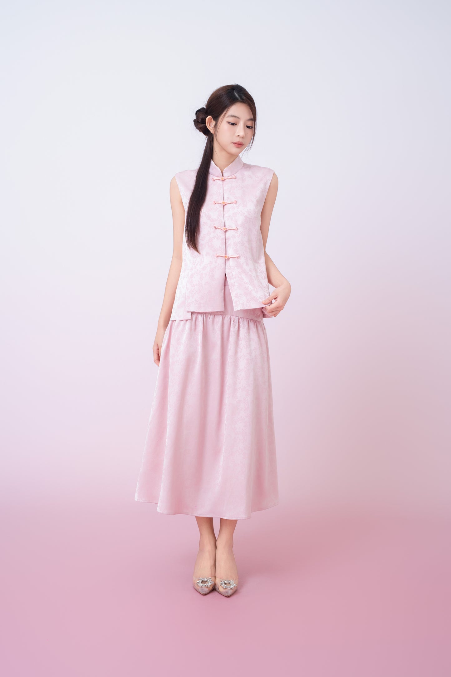 Kaiya Pink Jacquard Midi A-Line Skirt