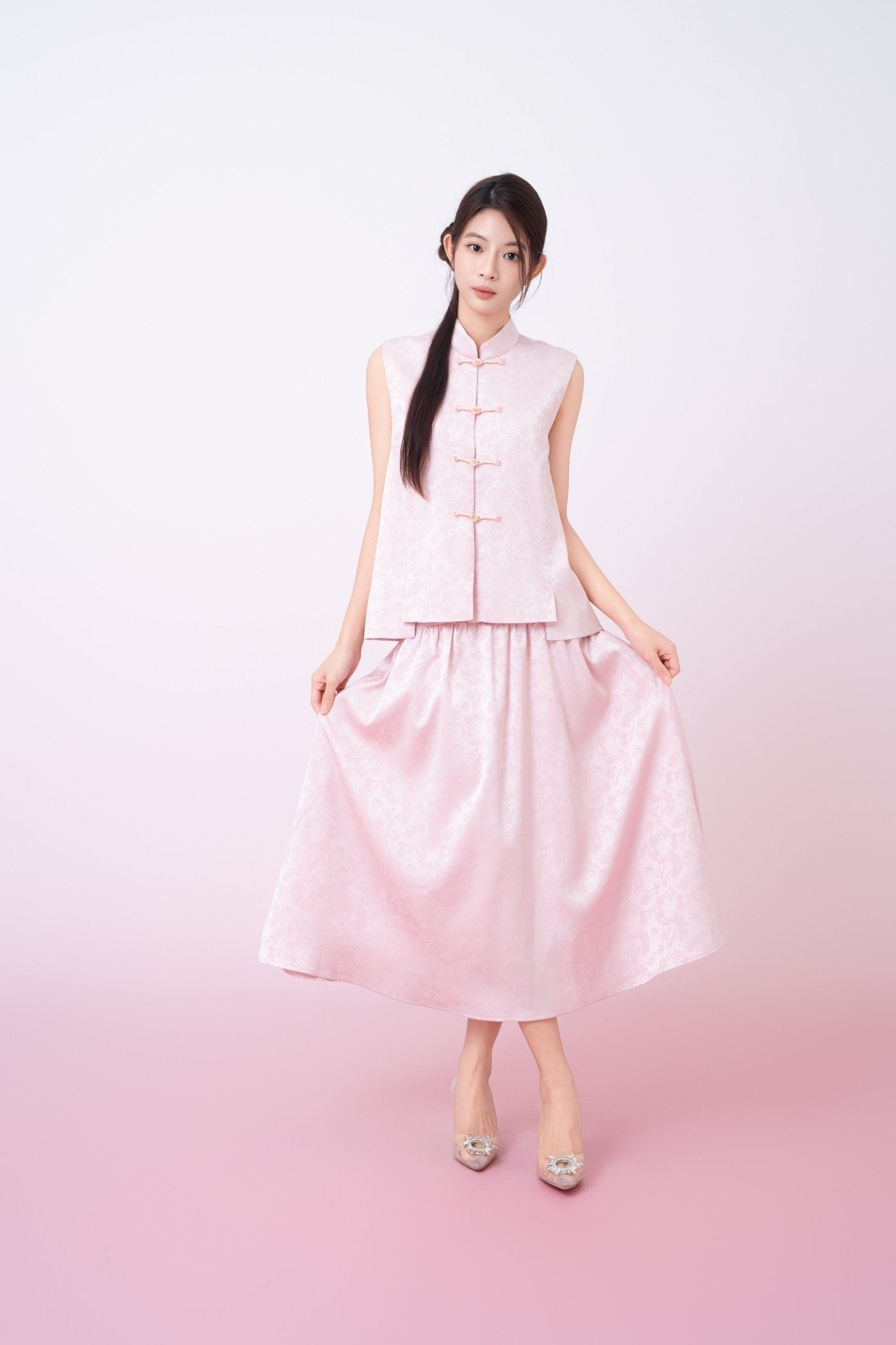 Kaiya Pink Jacquard Midi A - Line Skirt - Nimisski