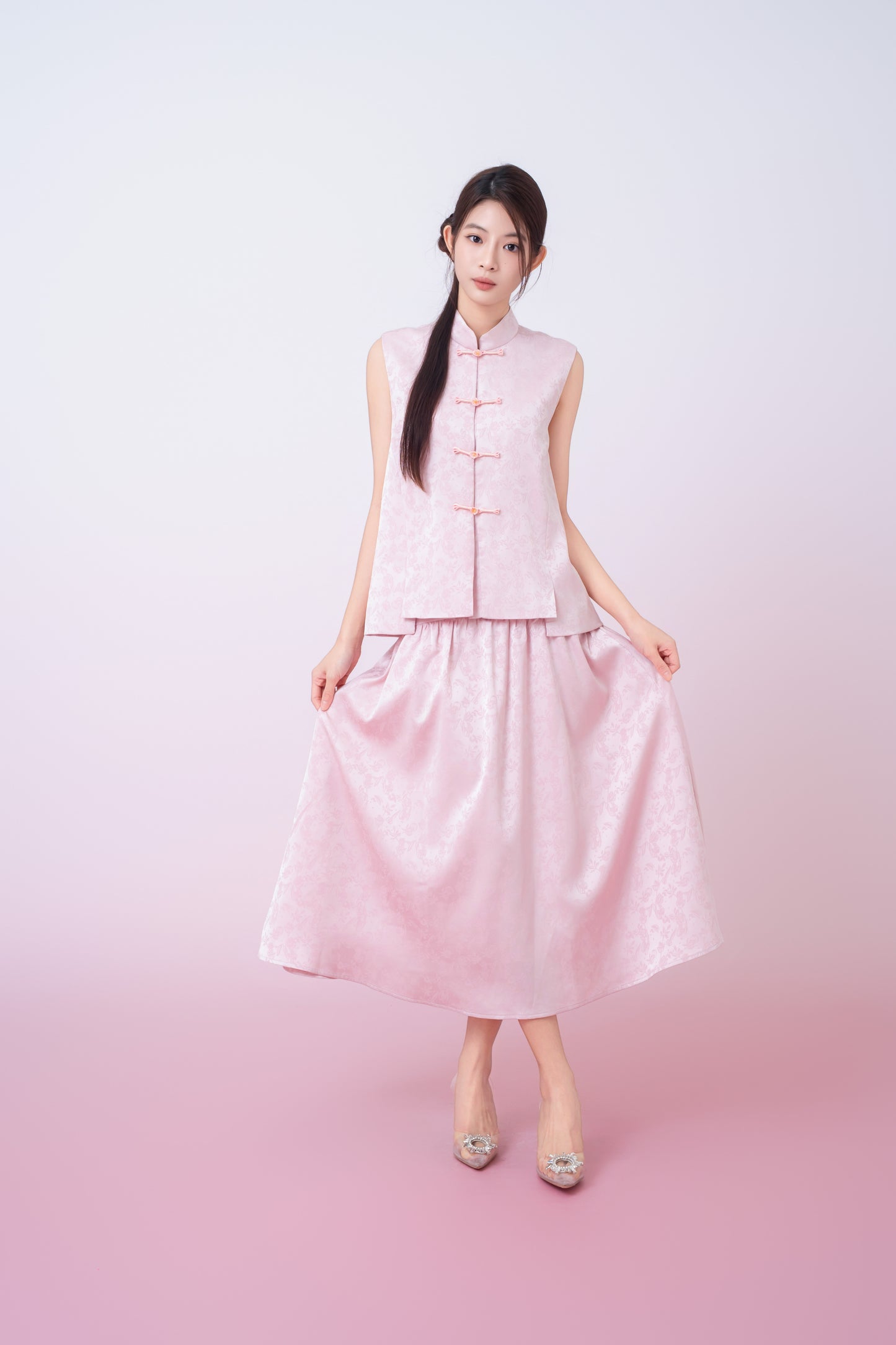 Kaiya Pink Jacquard Midi A-Line Skirt